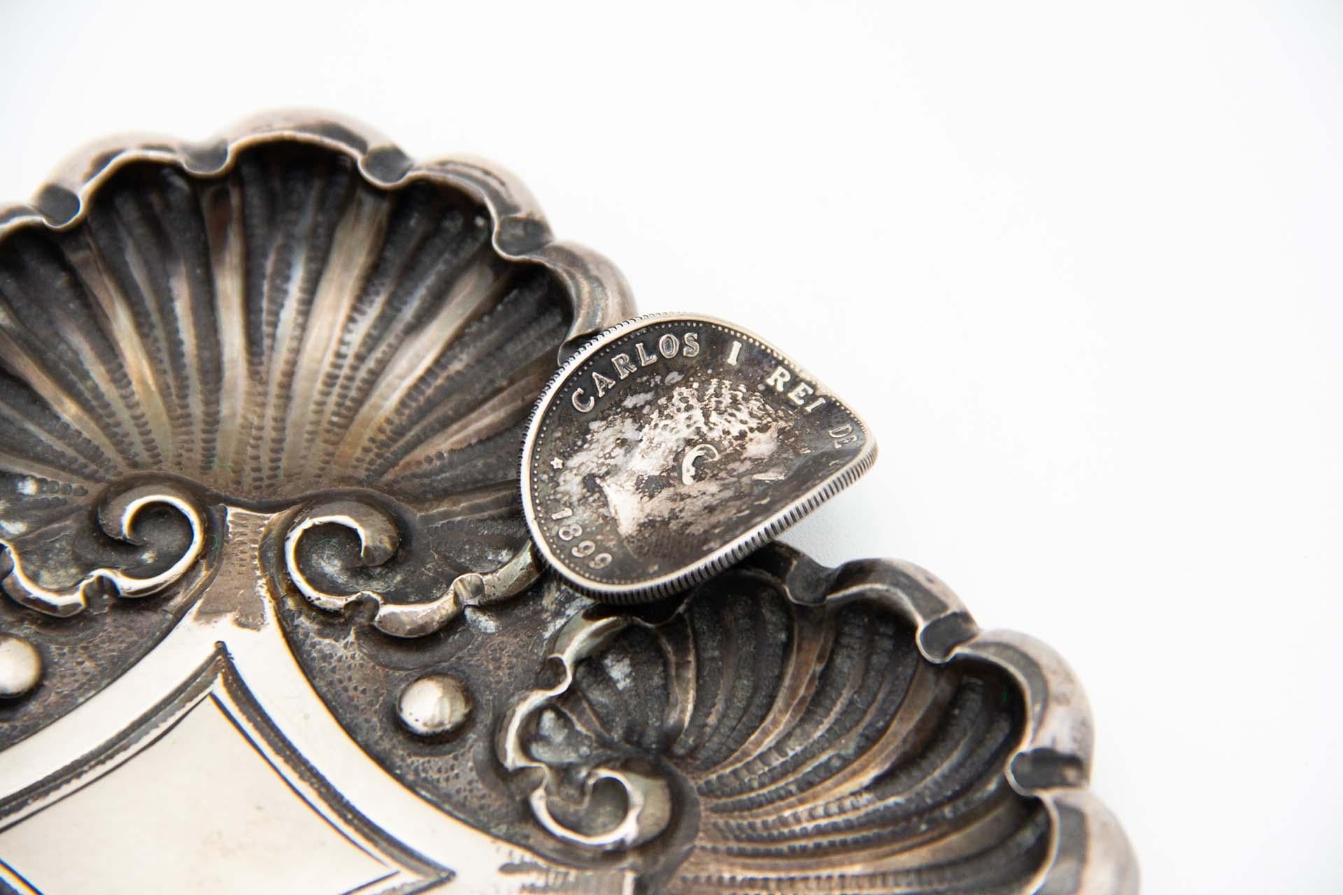 European Embossed silver ashtray with shells For Sale