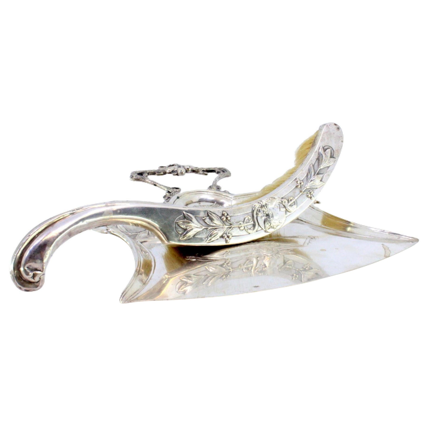 Embossed silver crumb set w/ warrior, garlands, flowers 
fruit