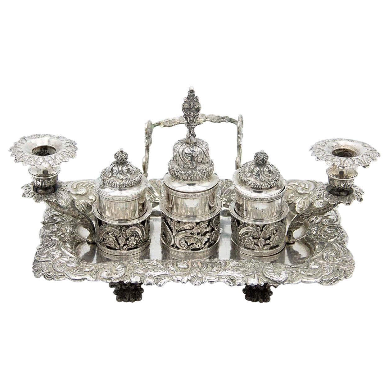 Embossed silver inkwell with three ink tanks