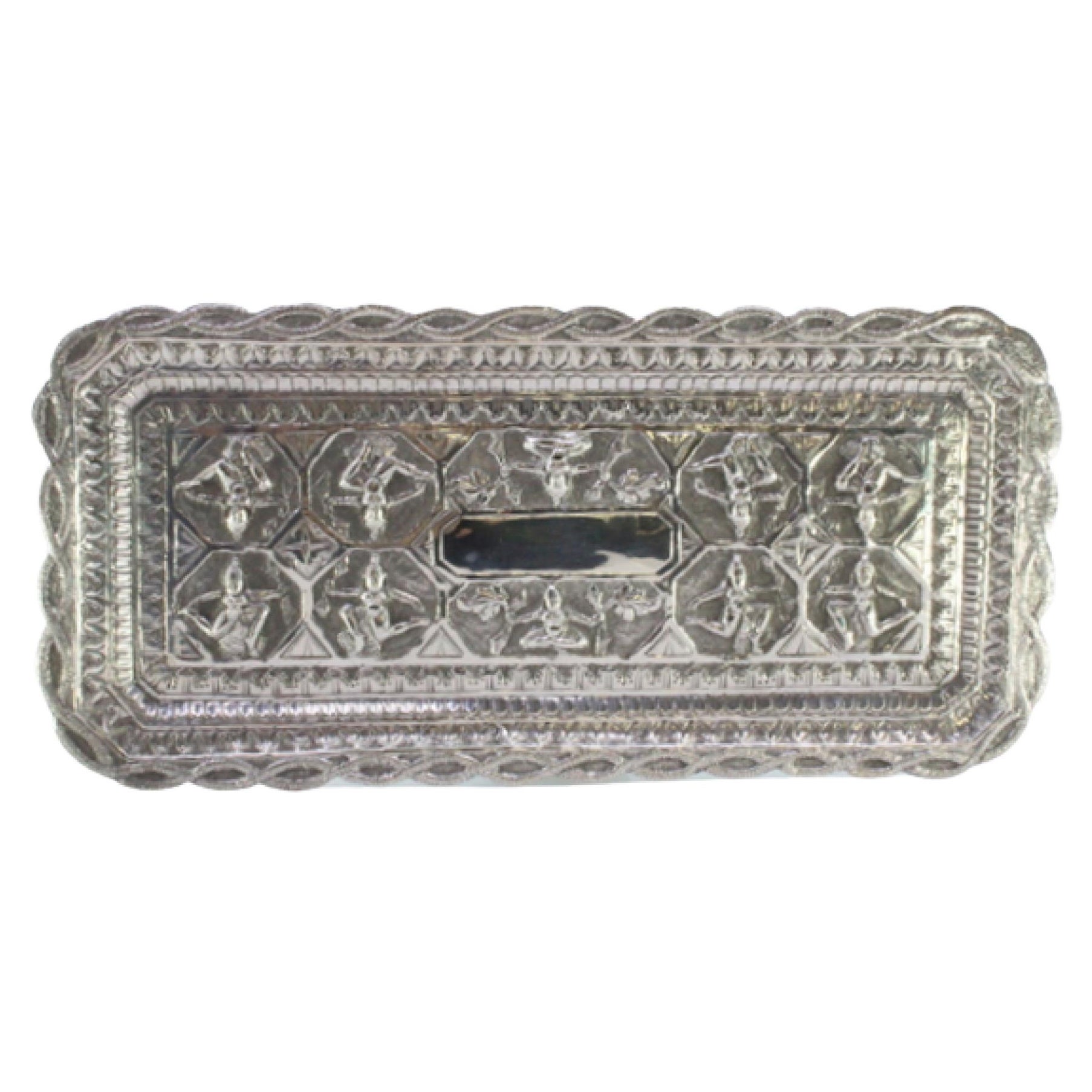 Embossed silver tray w/ Hindu deities 
monogram card For Sale