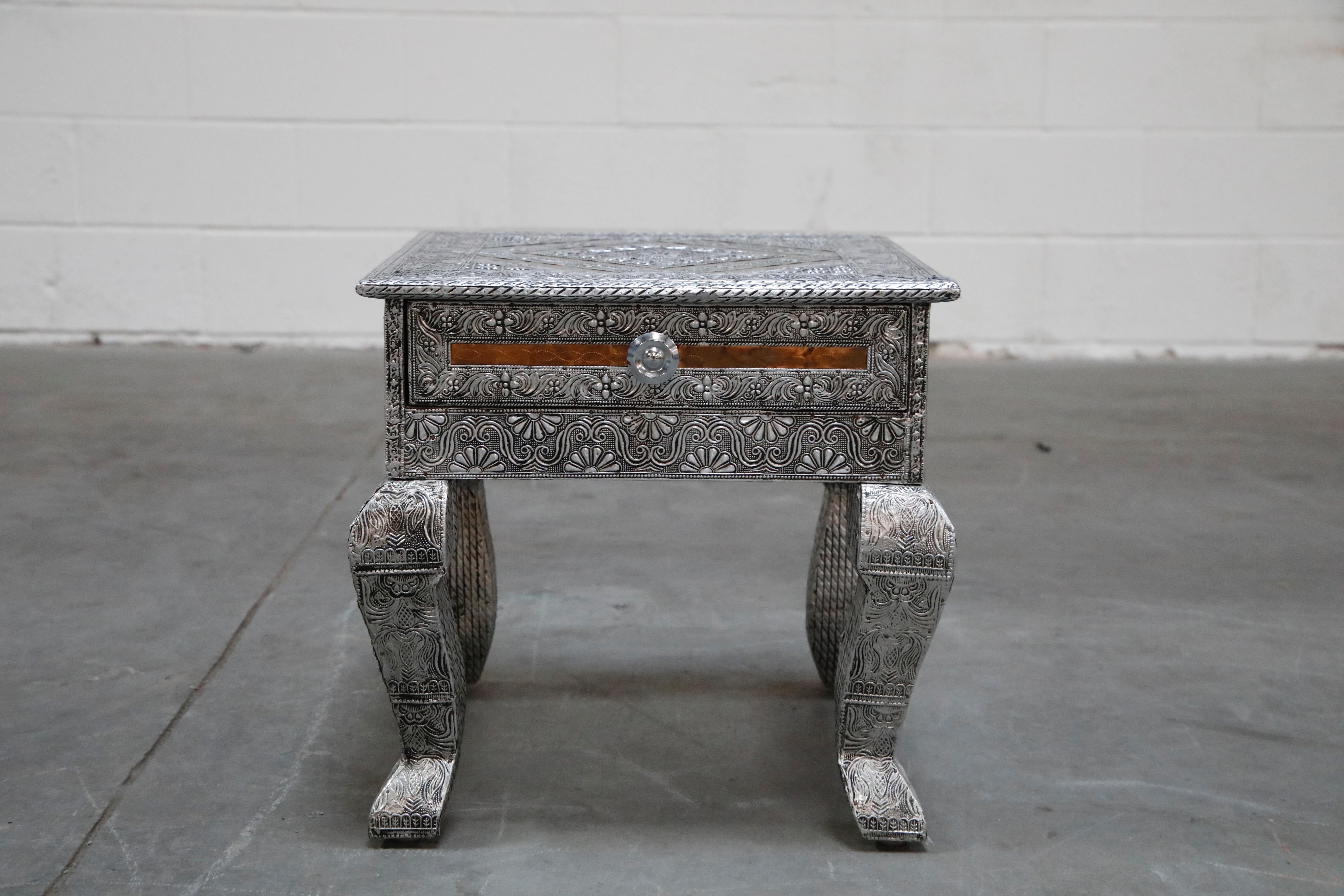 Aesthetic Movement Embossed Tin and Copper Side Table or Nightstand with Velvet Interior Drawer