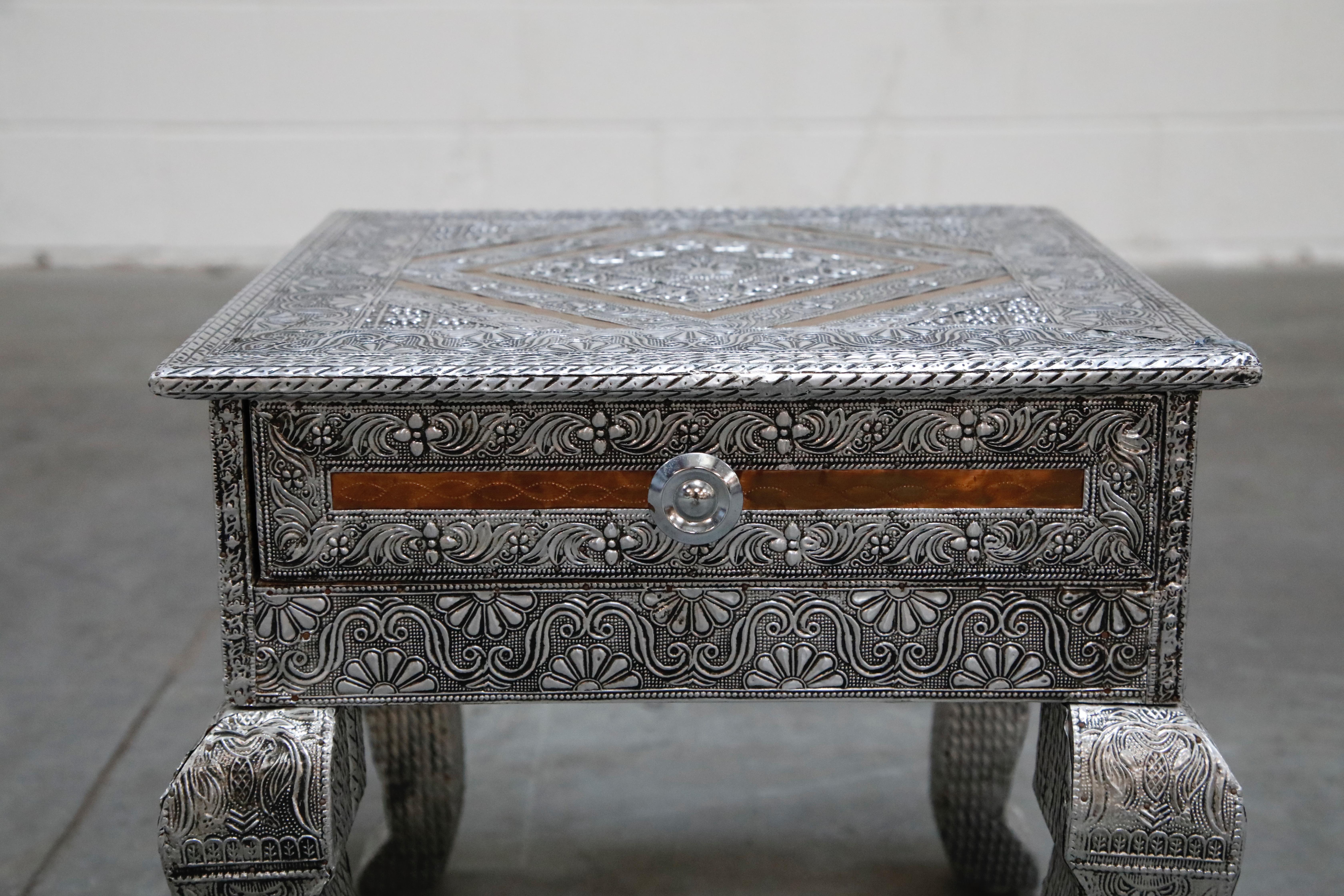 Unknown Embossed Tin and Copper Side Table or Nightstand with Velvet Interior Drawer