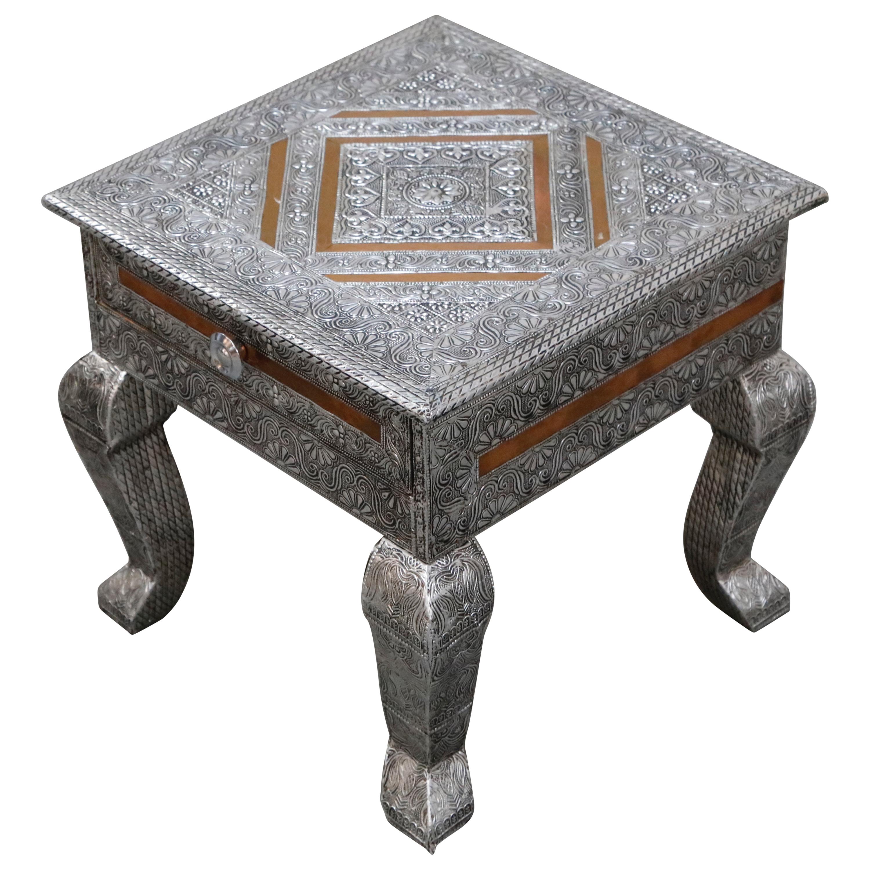 Embossed Tin and Copper Side Table or Nightstand with Velvet Interior Drawer