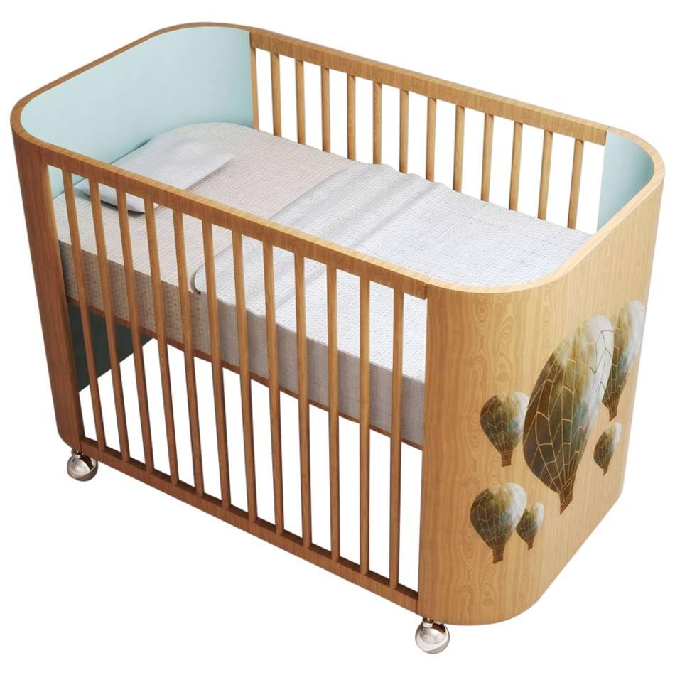 Embrace Adventure Crib in Beechwood and Sky Blue by MISK Nursery For Sale