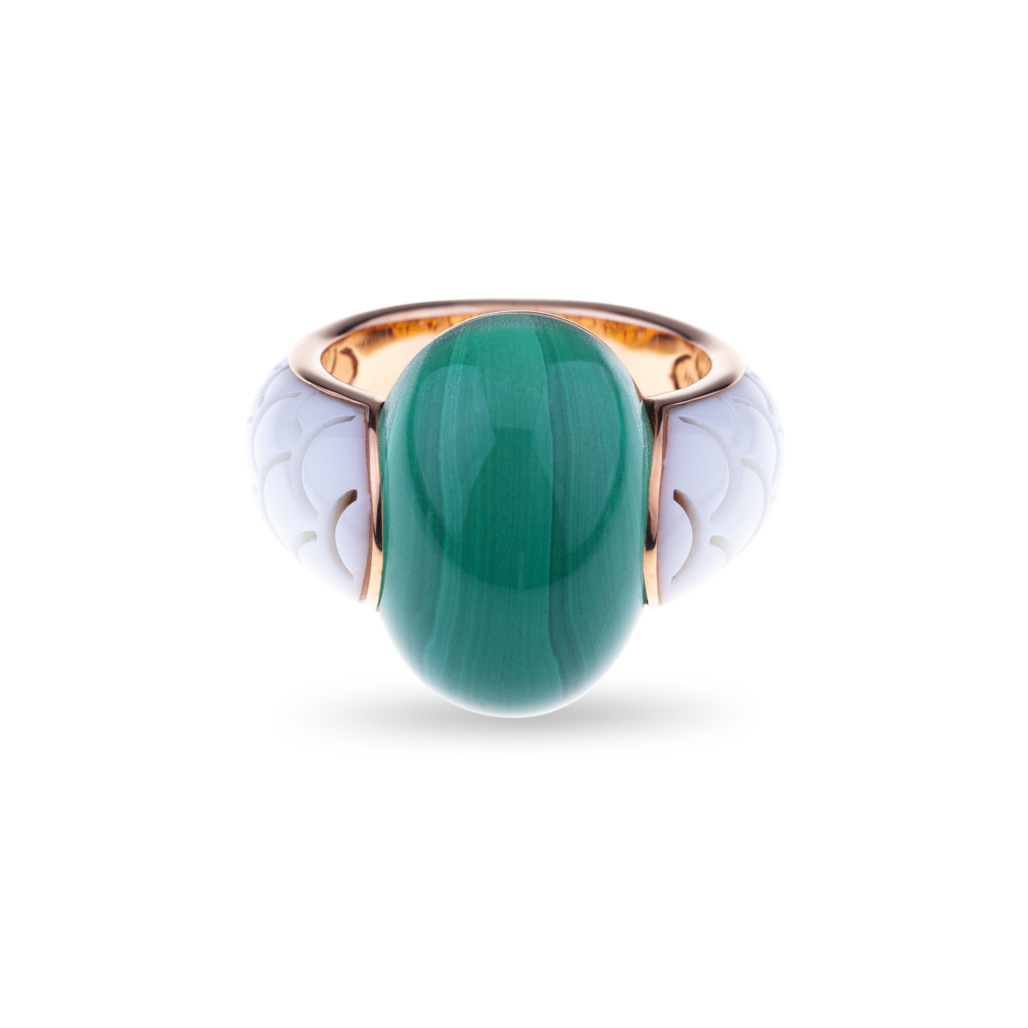 Modern Embrace, Ceramique and Rose Gold Ring with Cabochon Malachite For Sale