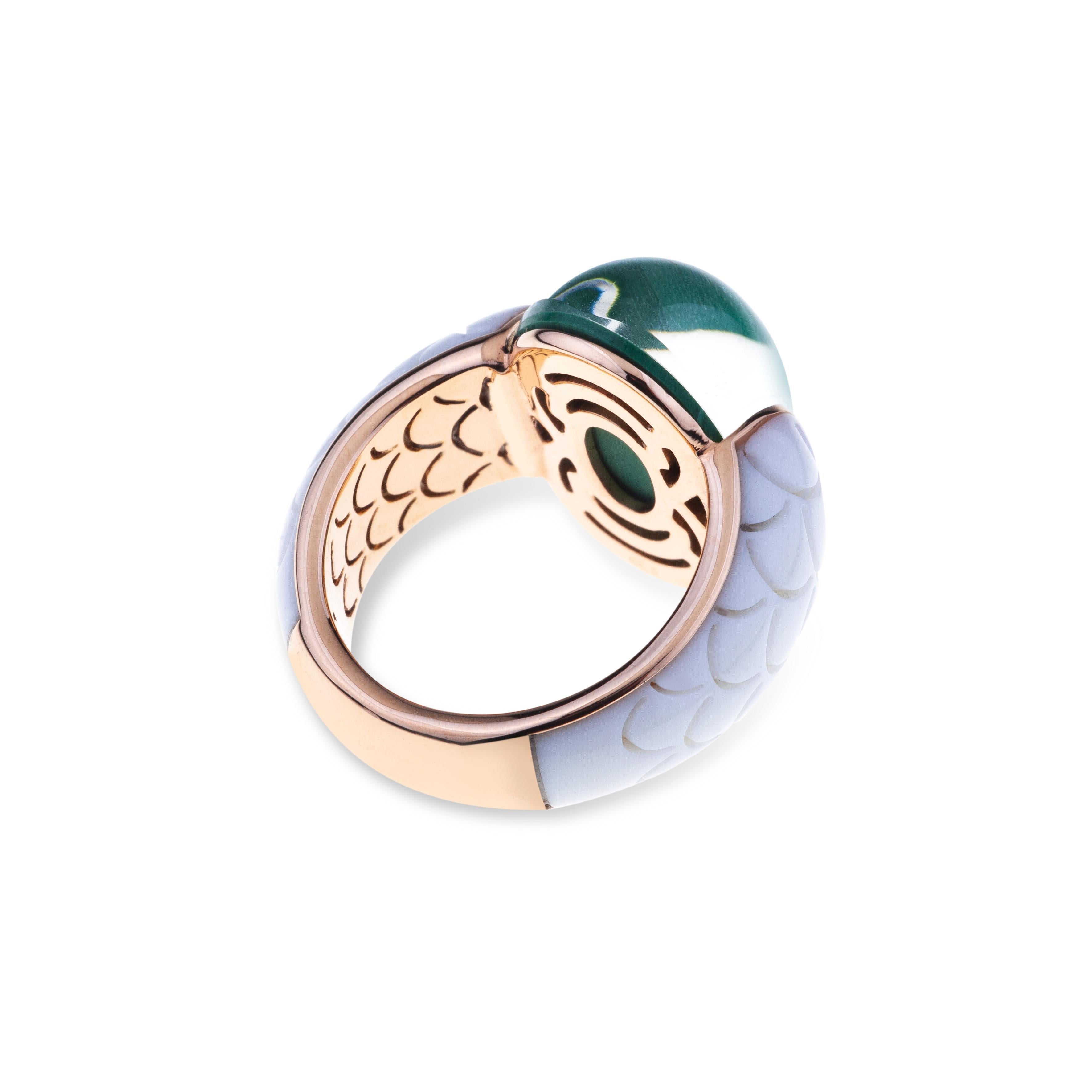 Women's Embrace, Ceramique and Rose Gold Ring with Cabochon Malachite For Sale