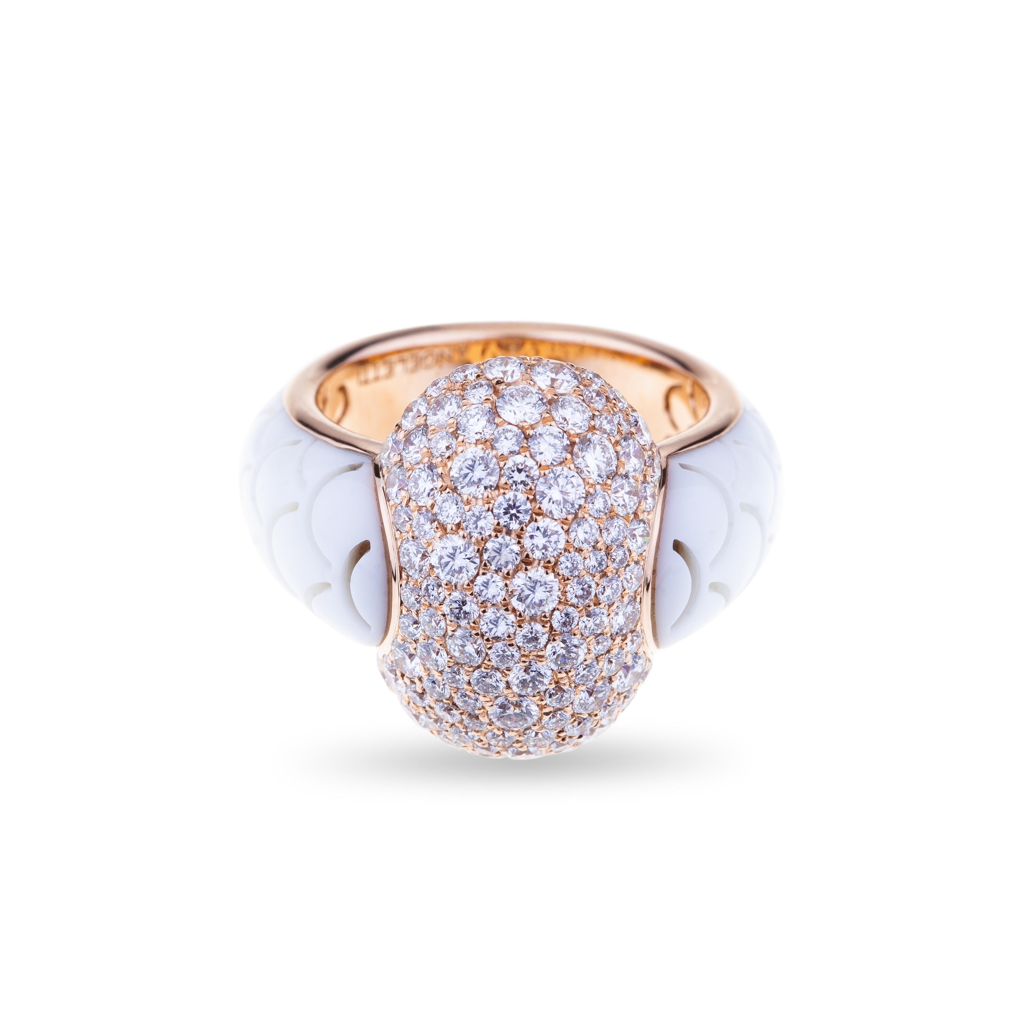 Embrace by Angeletti. Ceramique and Rose Gold Ring With Full Cabochon of Diamonds
Full cabochon of Diamonds ct. 2.21. On the side, white ceramique with Wave design. Gold Weight is Around gr. 9.9.
Designed and Manifactured in Rome.
Very Confortable