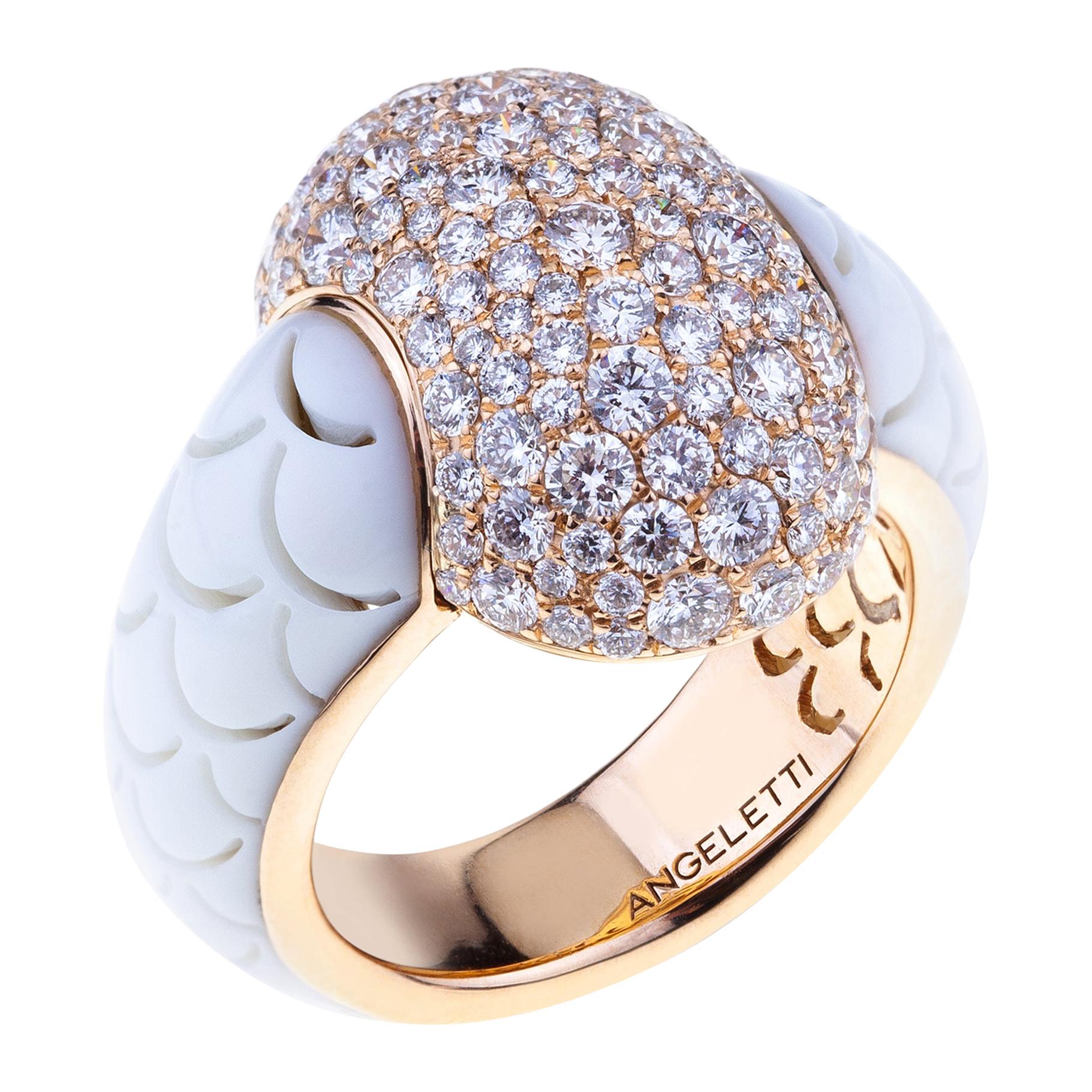 Embrace, céramique et bague en or rose avec cabochon complet de diamant