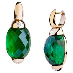 Embrace Classic with Green Tourmaline, Diamonds Gold Hoop Earrings