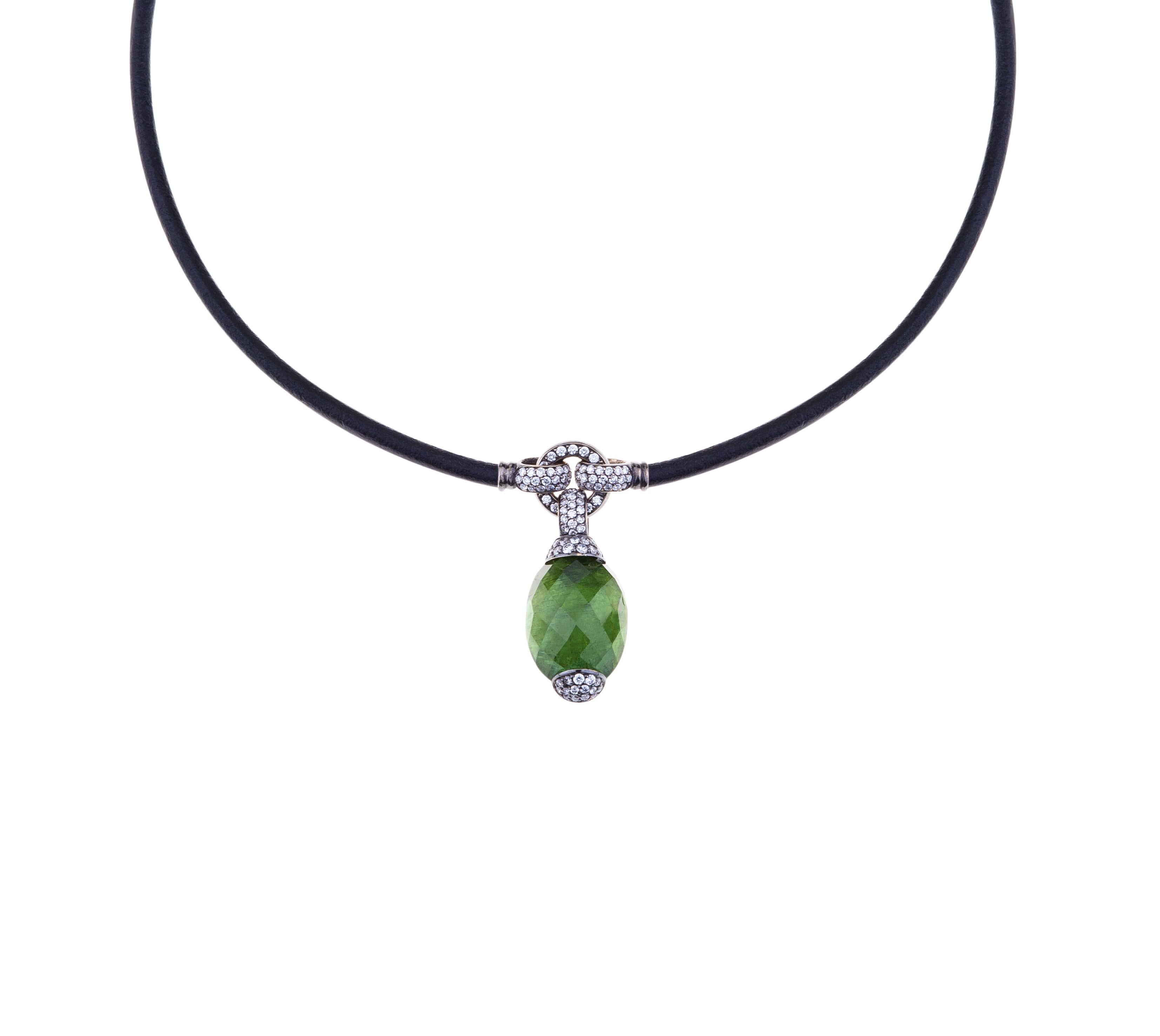 Modern Embrace by Angeletti. Iconic Pendant with Faceted Green Tourmaline, Diamonds For Sale