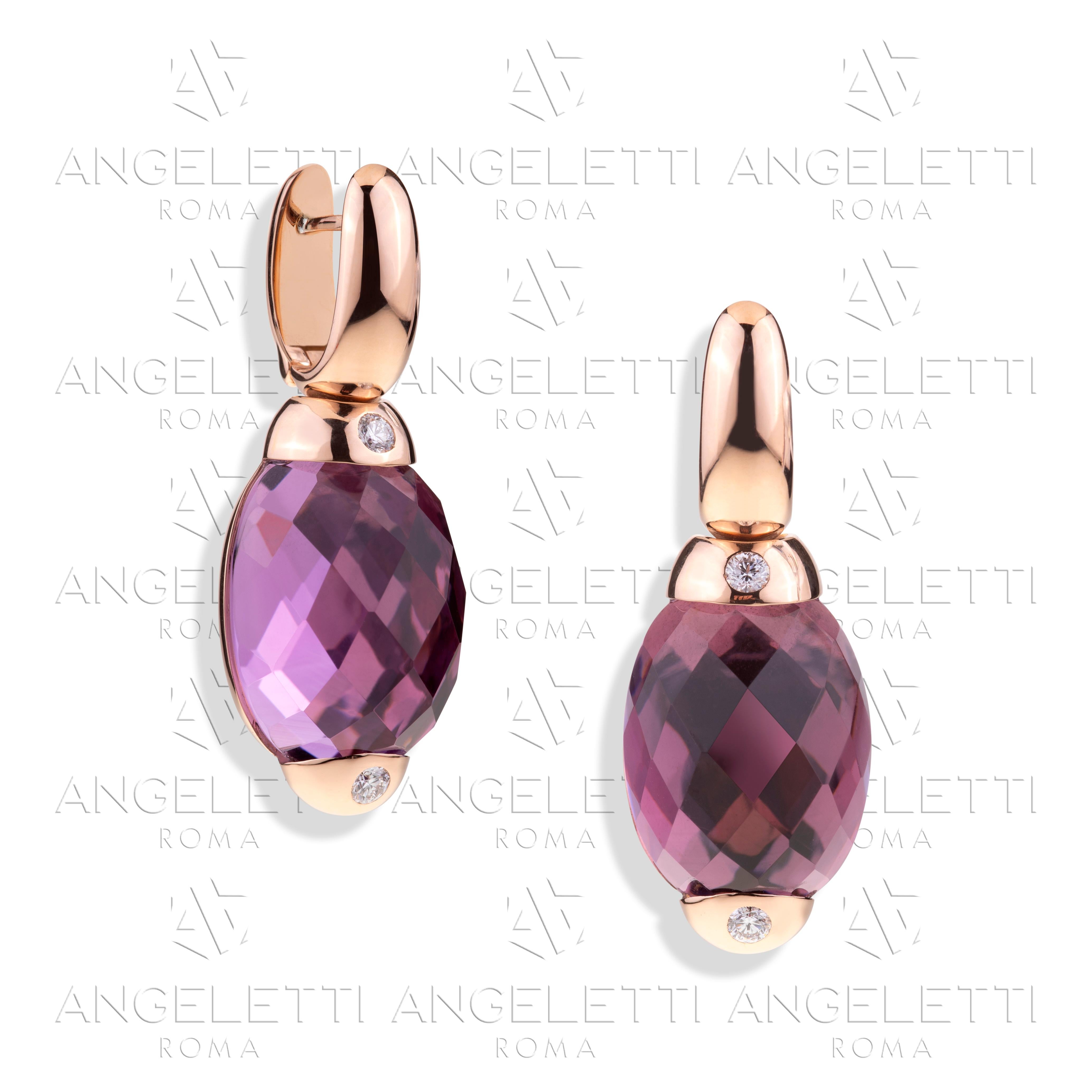 Modern Embrace Collection by Angeletti. Rose Gold Earrings With Amethyst and Diamonds For Sale