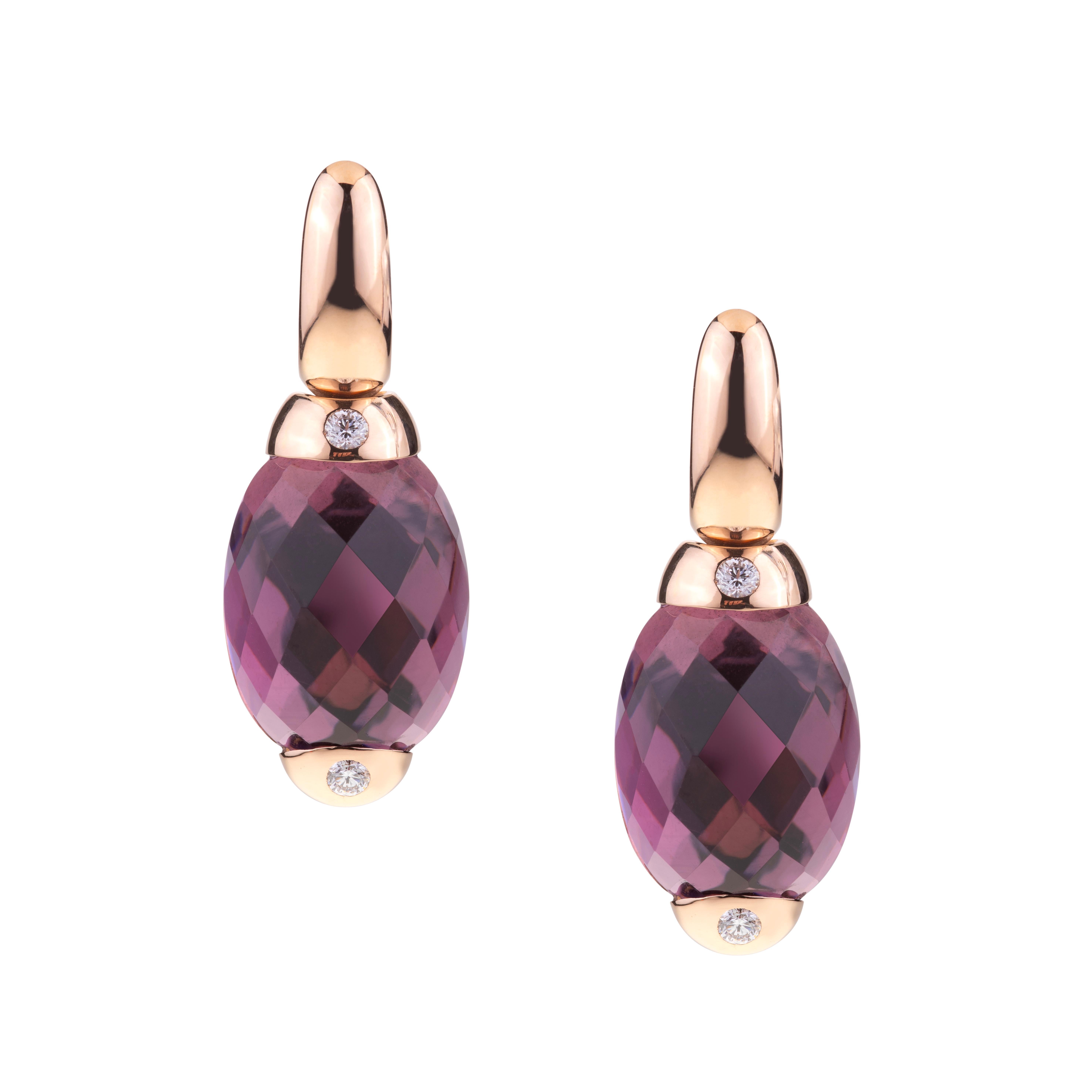 Briolette Cut Embrace Collection by Angeletti. Rose Gold Earrings With Amethyst and Diamonds For Sale