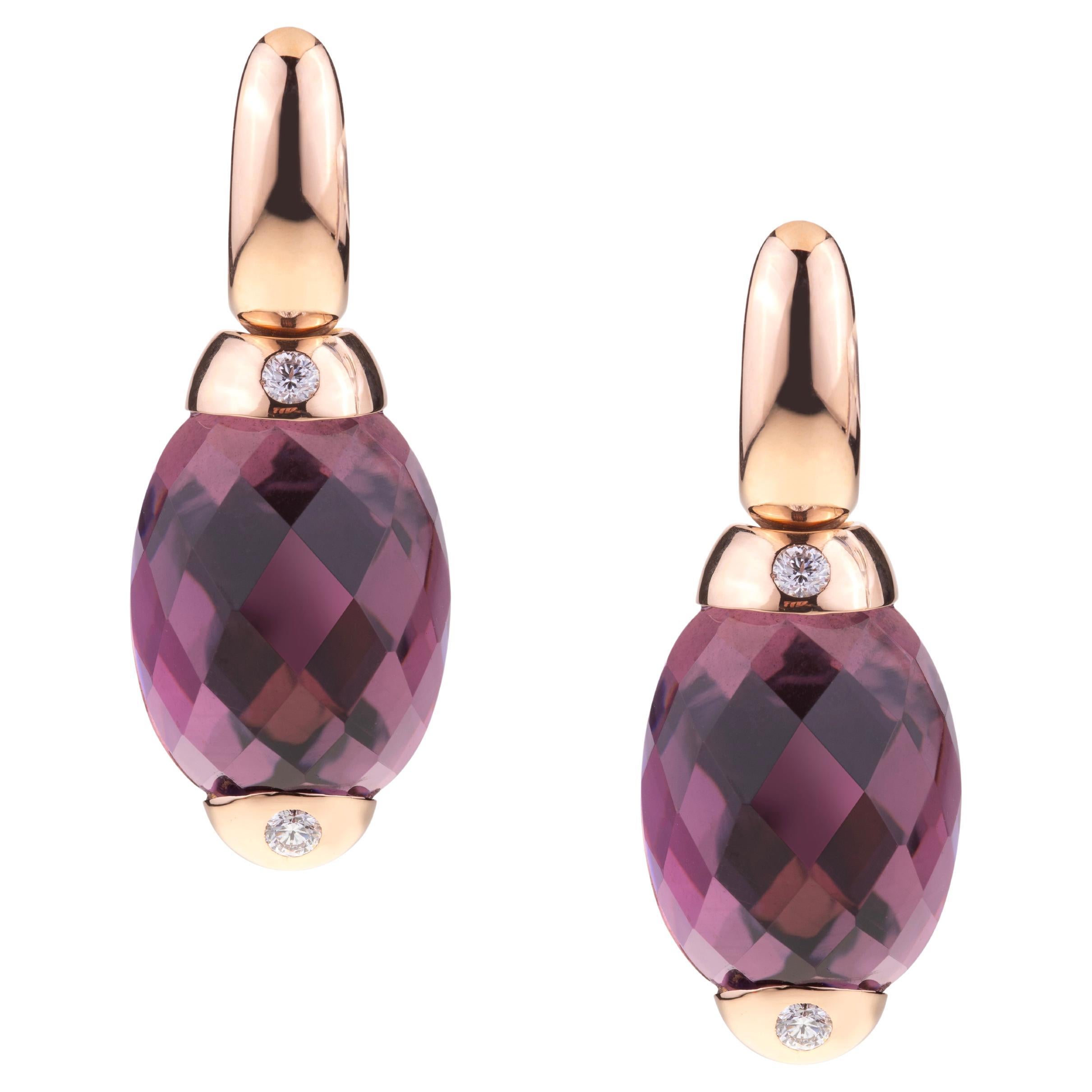 Embrace Collection by Angeletti. Rose Gold Earrings With Amethyst and Diamonds For Sale