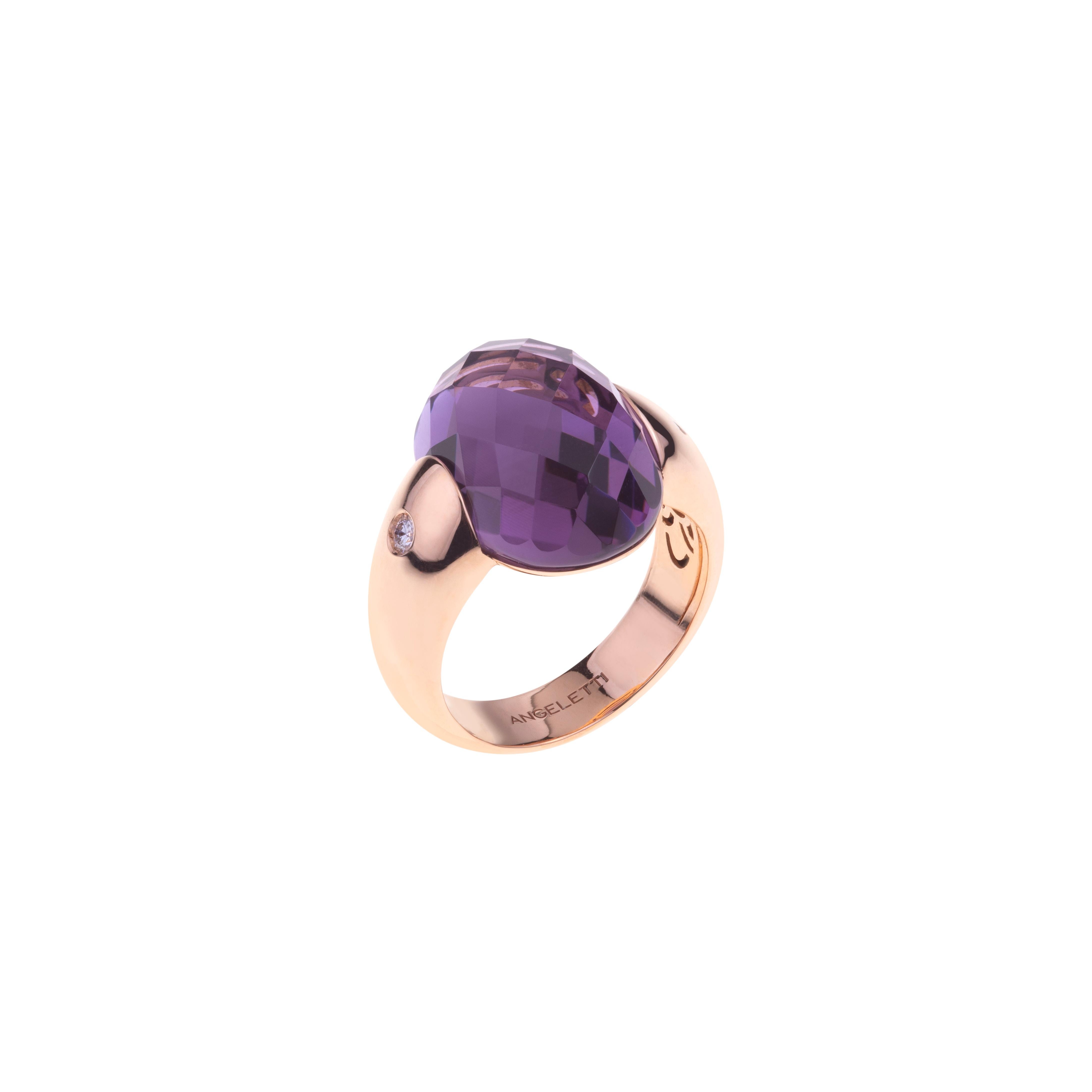 Embrace Collection by Angeletti. Rose Gold Ring With Amethyst and Diamonds.
Iconic Embrace Model, Designed and Manifactured in Rome.
On the side of the Amethyst (ct. 14.51), two diamonds  ct. 0.16. Gold Weight is from 8 to 11 gr. depending on the
