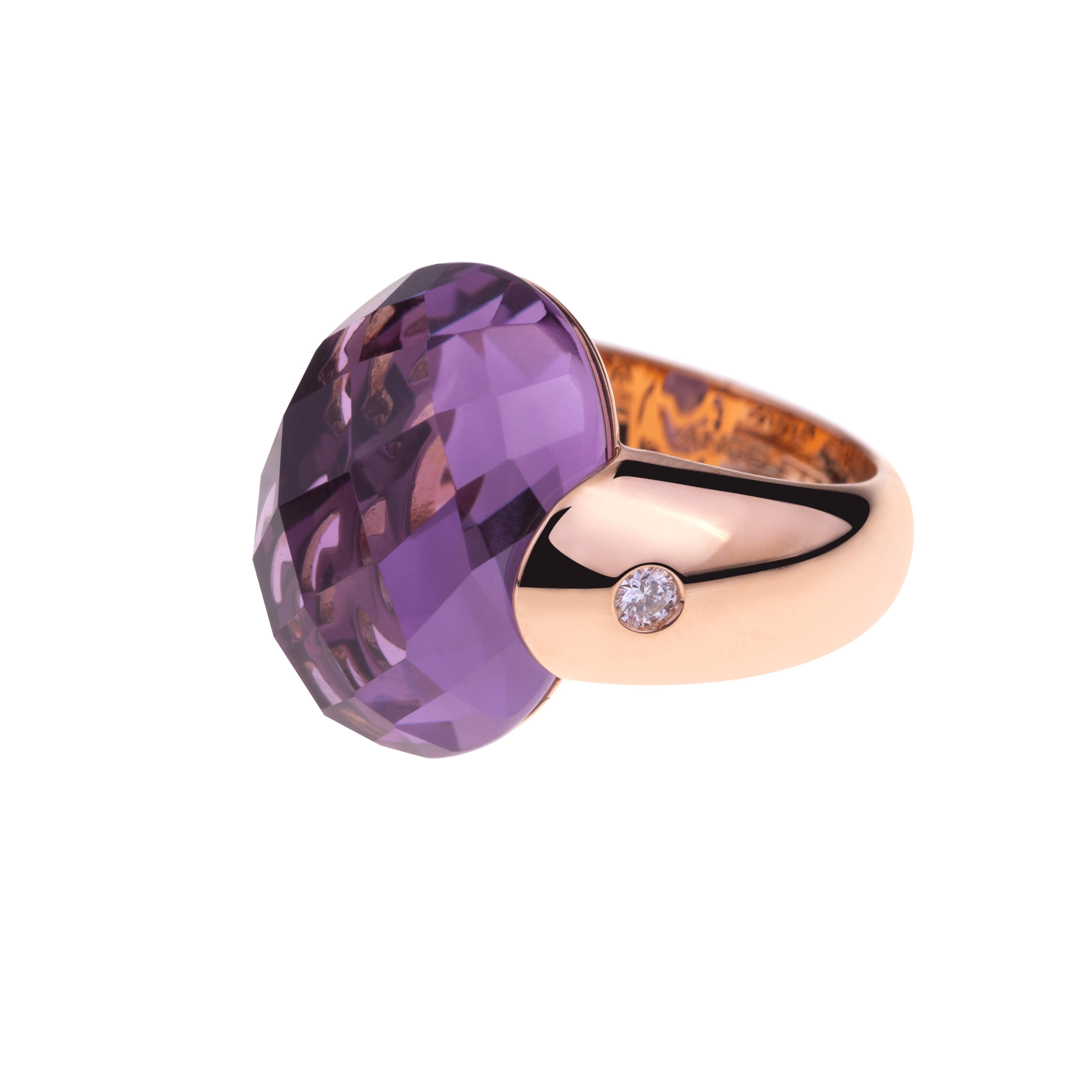 Modern Embrace Collection by Angeletti. Rose Gold Ring With Amethyst and Diamonds For Sale