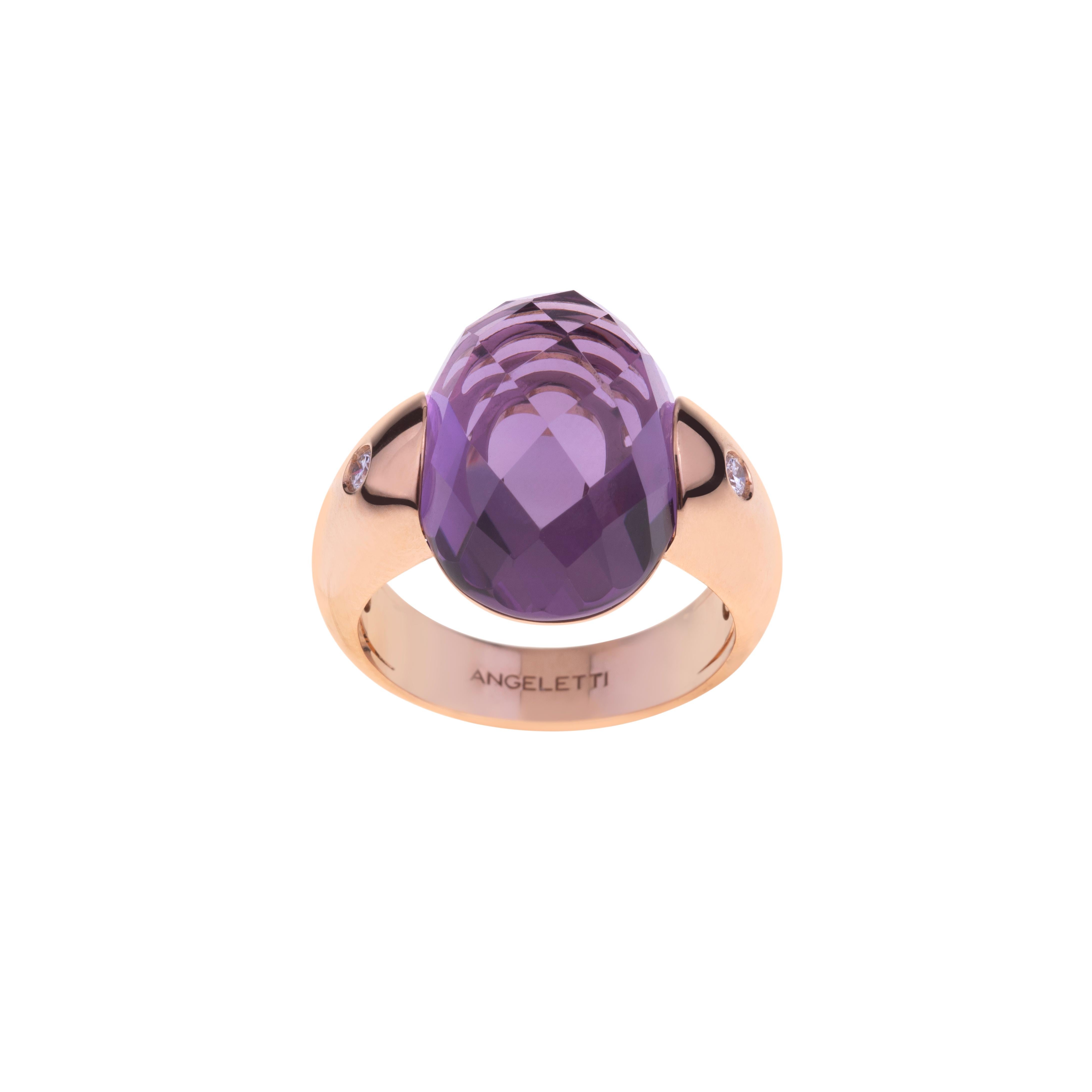 Briolette Cut Embrace Collection by Angeletti. Rose Gold Ring With Amethyst and Diamonds For Sale