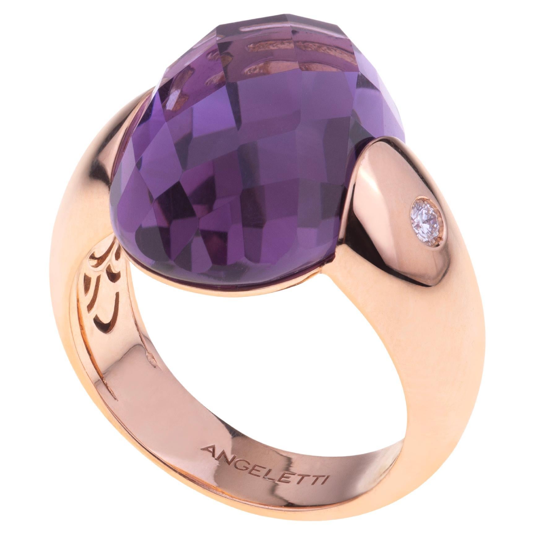 Embrace Collection by Angeletti. Rose Gold Ring With Amethyst and Diamonds For Sale