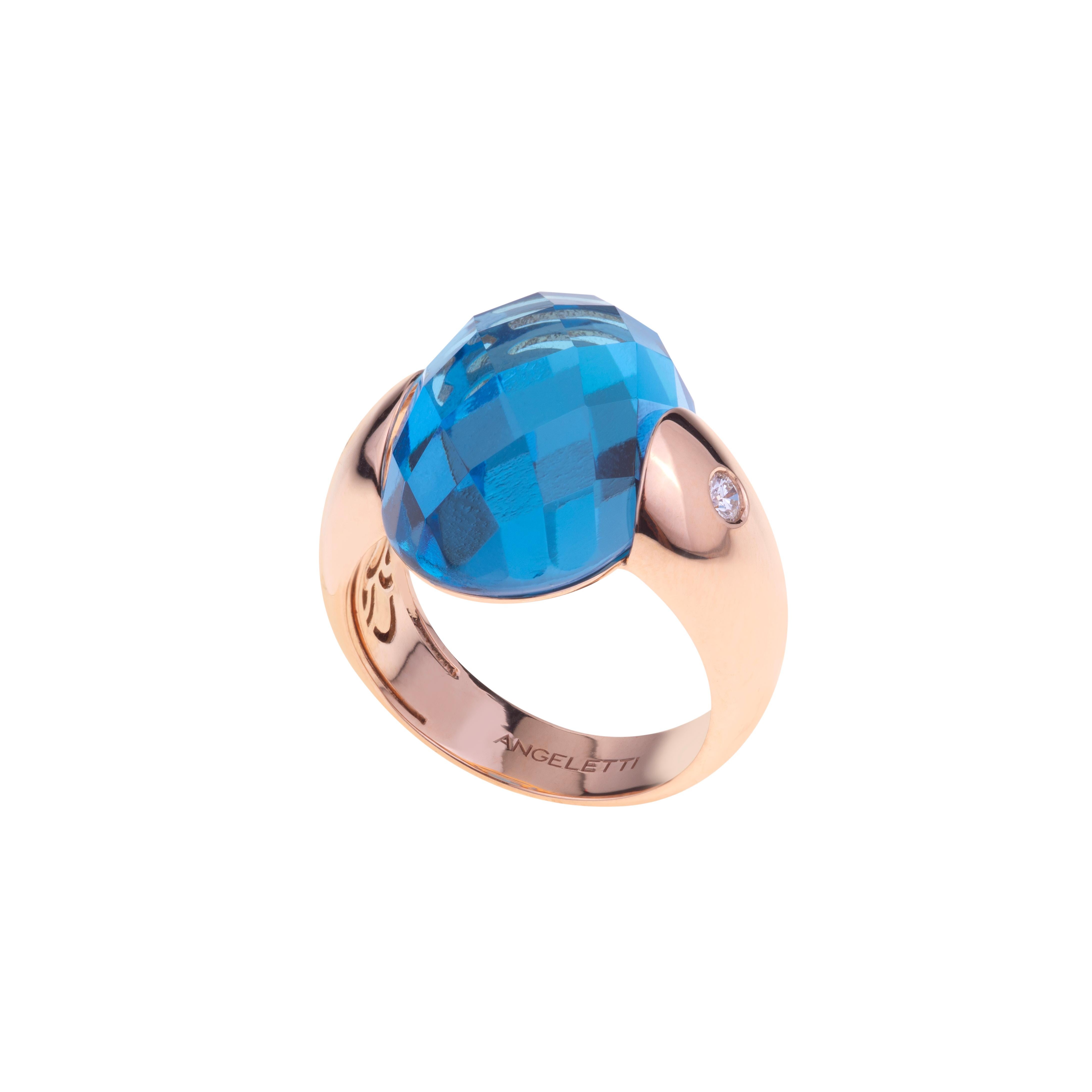 Embrace Collection by Angeletti. Rose Gold Ring With Blue Topaz and Diamonds In New Condition For Sale In Roma, IT