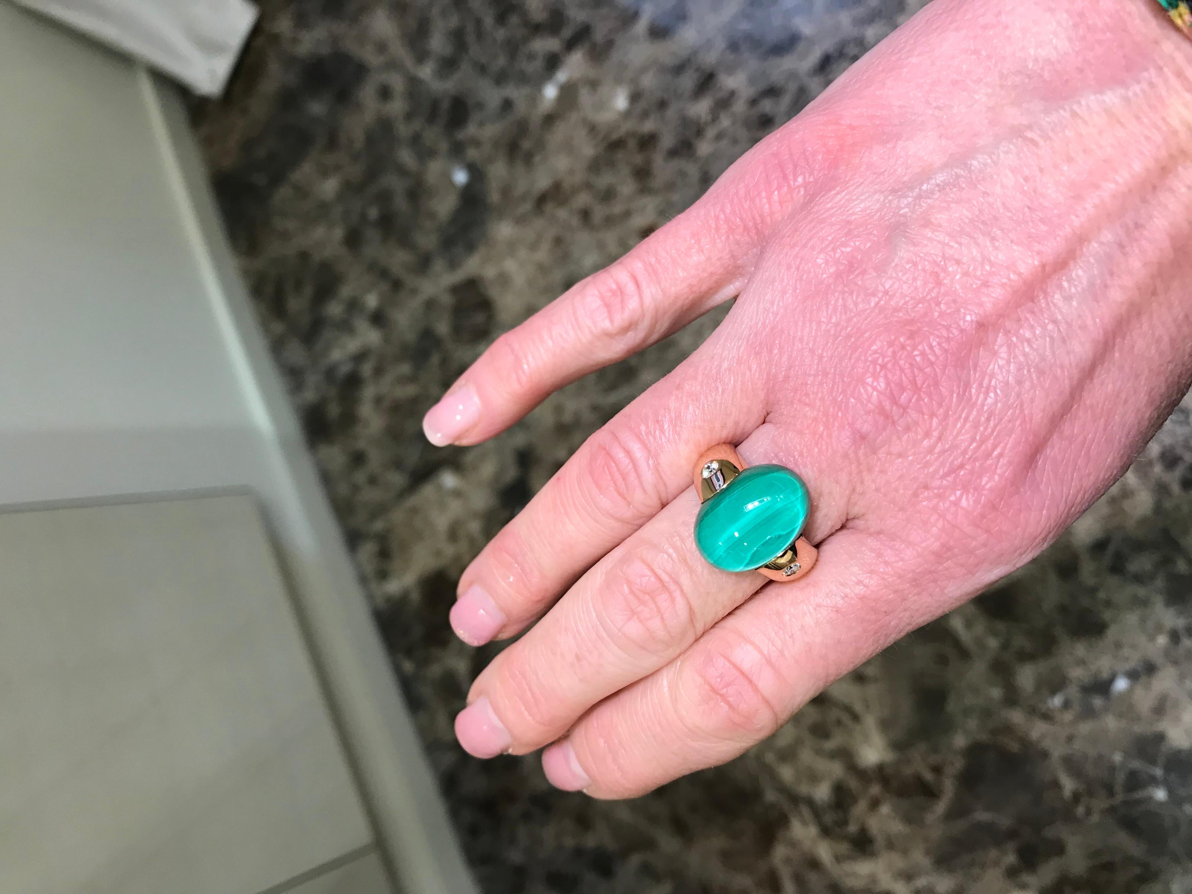 Cabochon Embrace Collection by Angeletti, Rose Gold Ring with Malachite and Diamonds For Sale