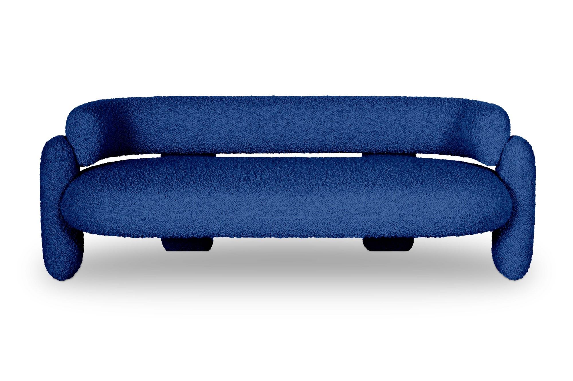 Embrace cormo cobalt sofa by Royal Stranger
Dimensions: W 200 x H 70 x D 90 cm. Seat height 47 cm.
Materials: solid wood frame, foam, upholstery.
Available in other Royal Stranger’s fabrics and in COM. 

Embrace sofa is fond of neat lines. It