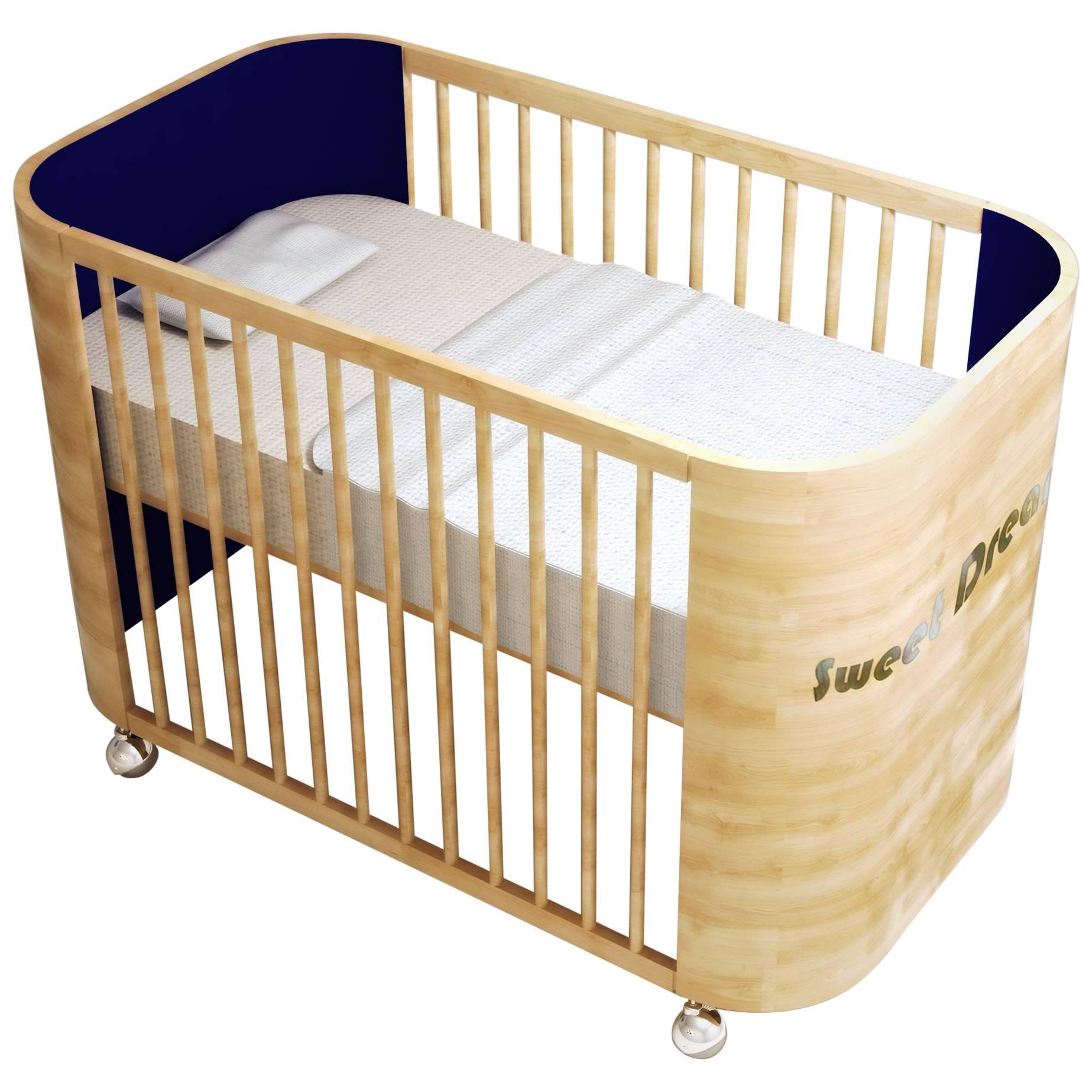 Embrace Dreams Crib in Beech Wood and Navy Blue by Misk Nursery For Sale