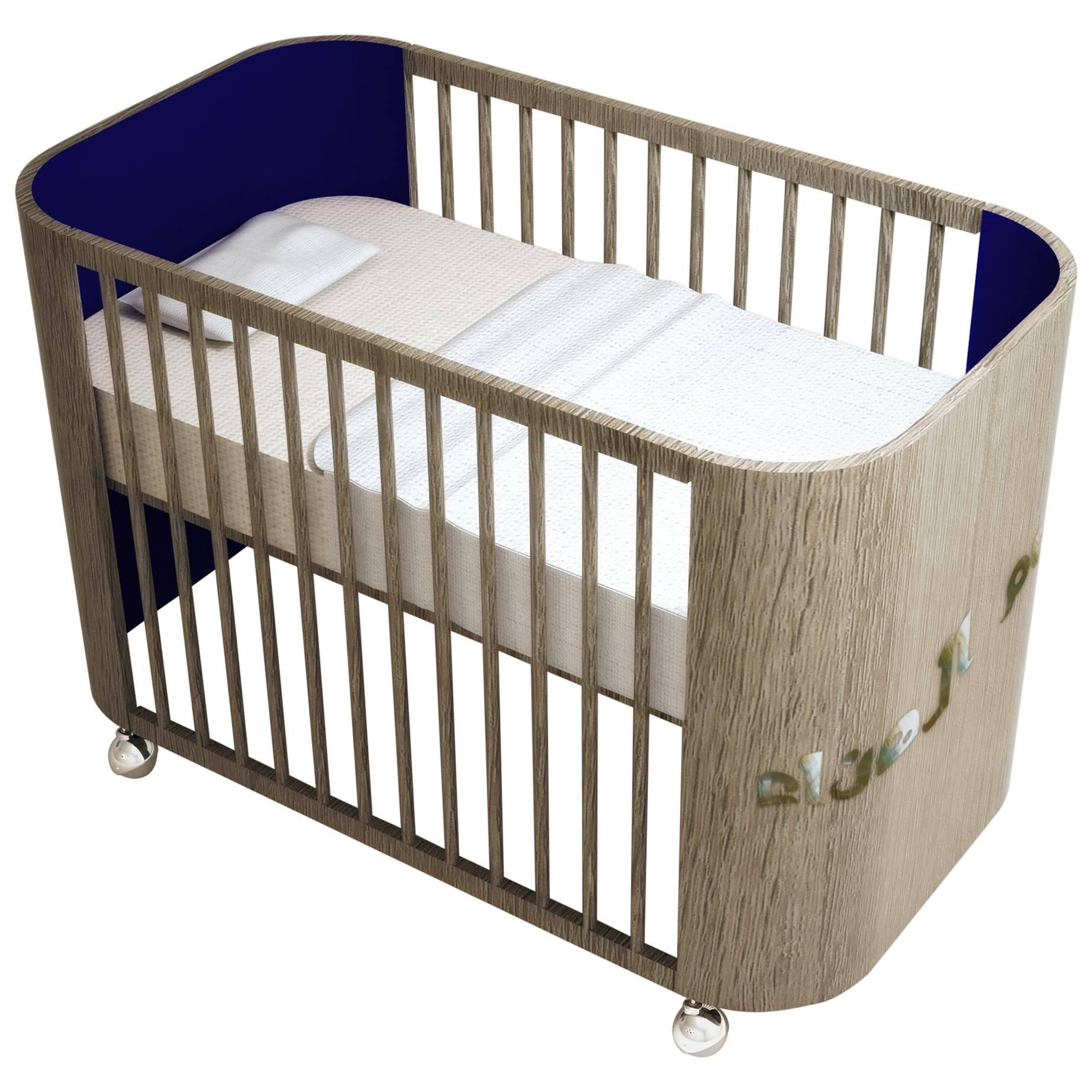 Embrace Dreams Crib in French Grey Wood and Navy Blue by MISK Nursery For Sale