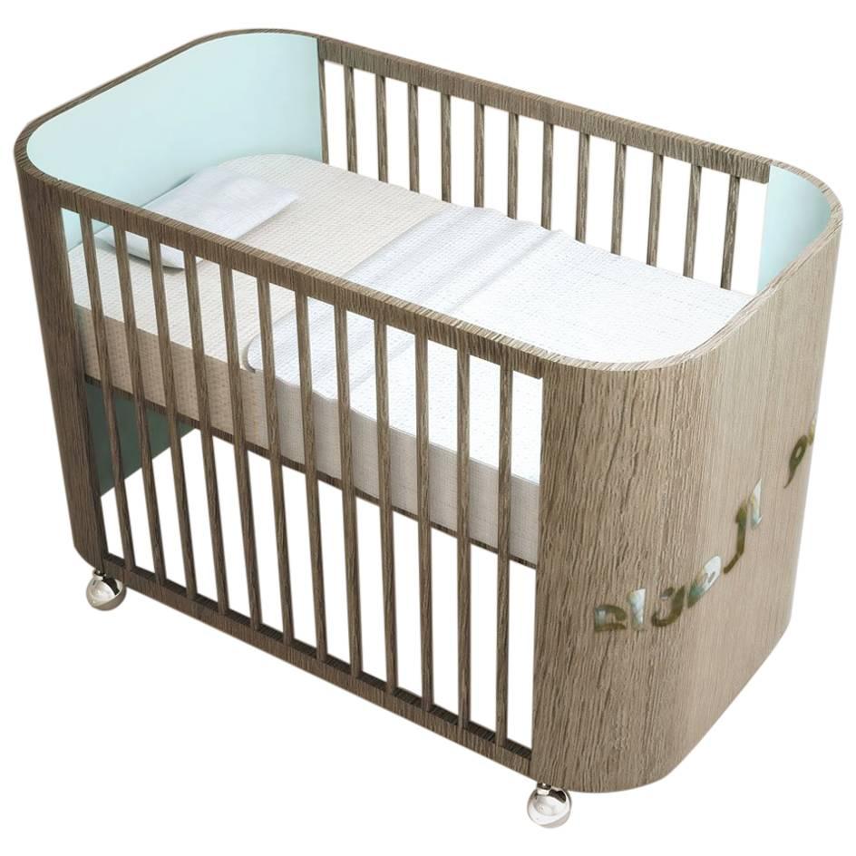 Embrace Dreams Crib in French Grey Wood and Sky Blue by MISK Nursery For Sale