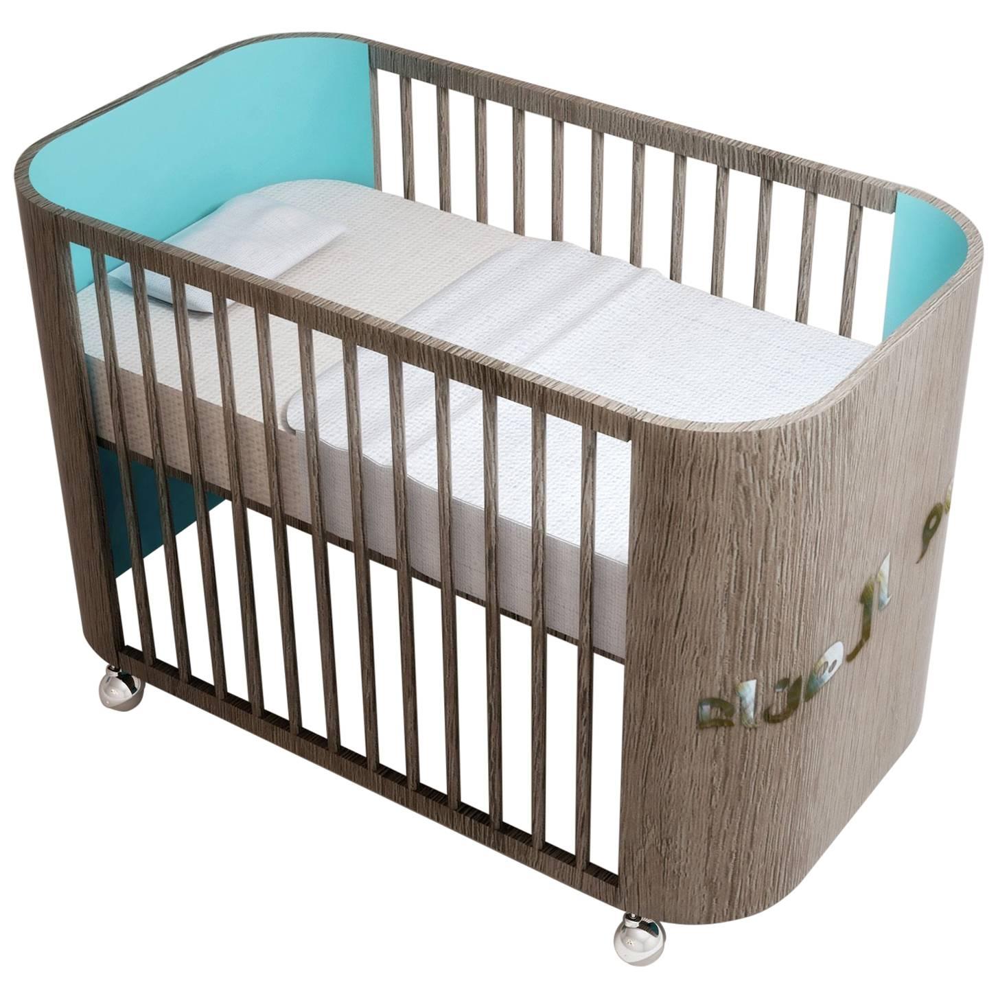 Embrace Dreams Crib in French Grey Wood and Turquoise by Misk Nursery For Sale