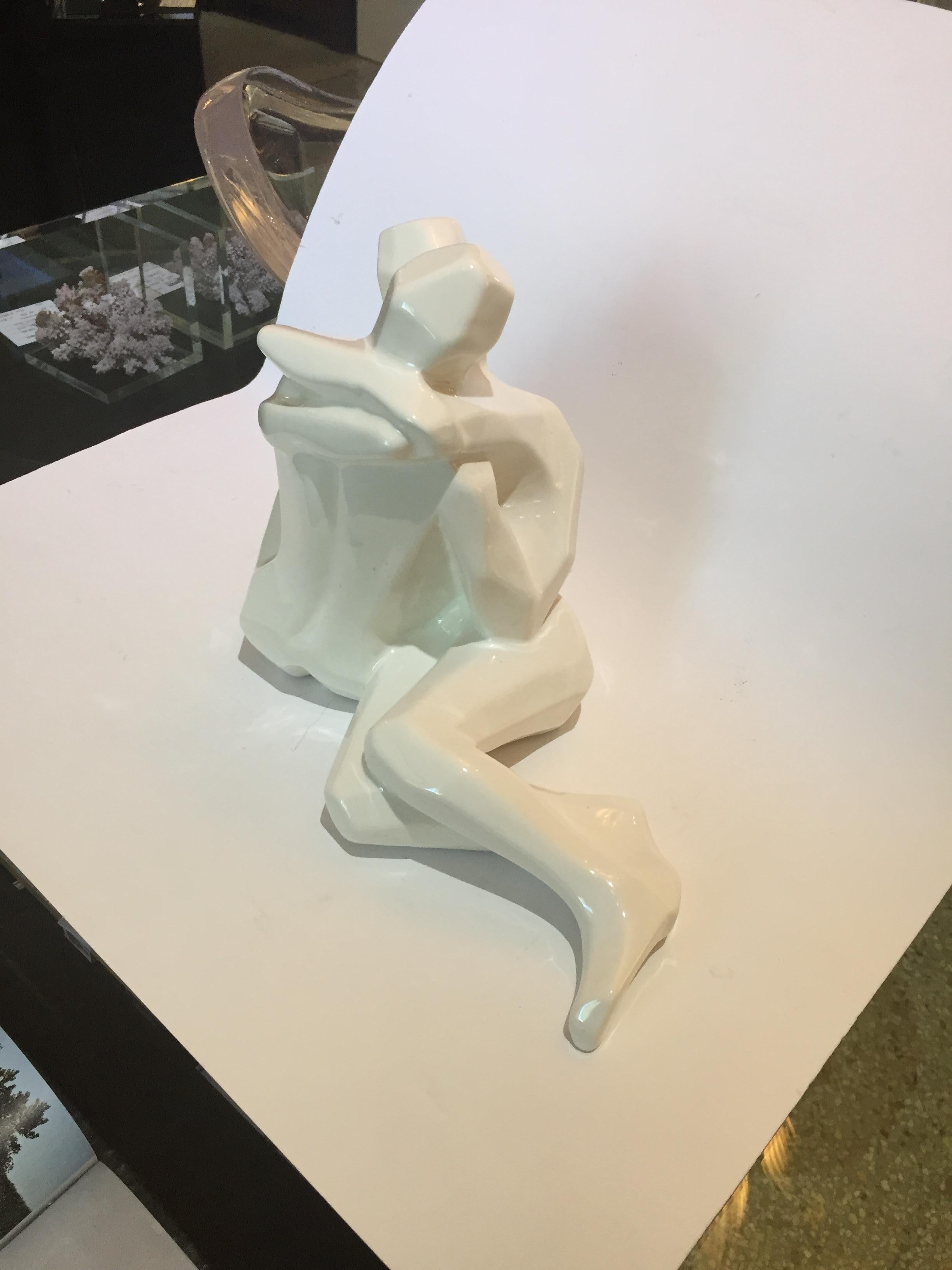 American Embrace Figure in White Glazed Ceramic by Jaru