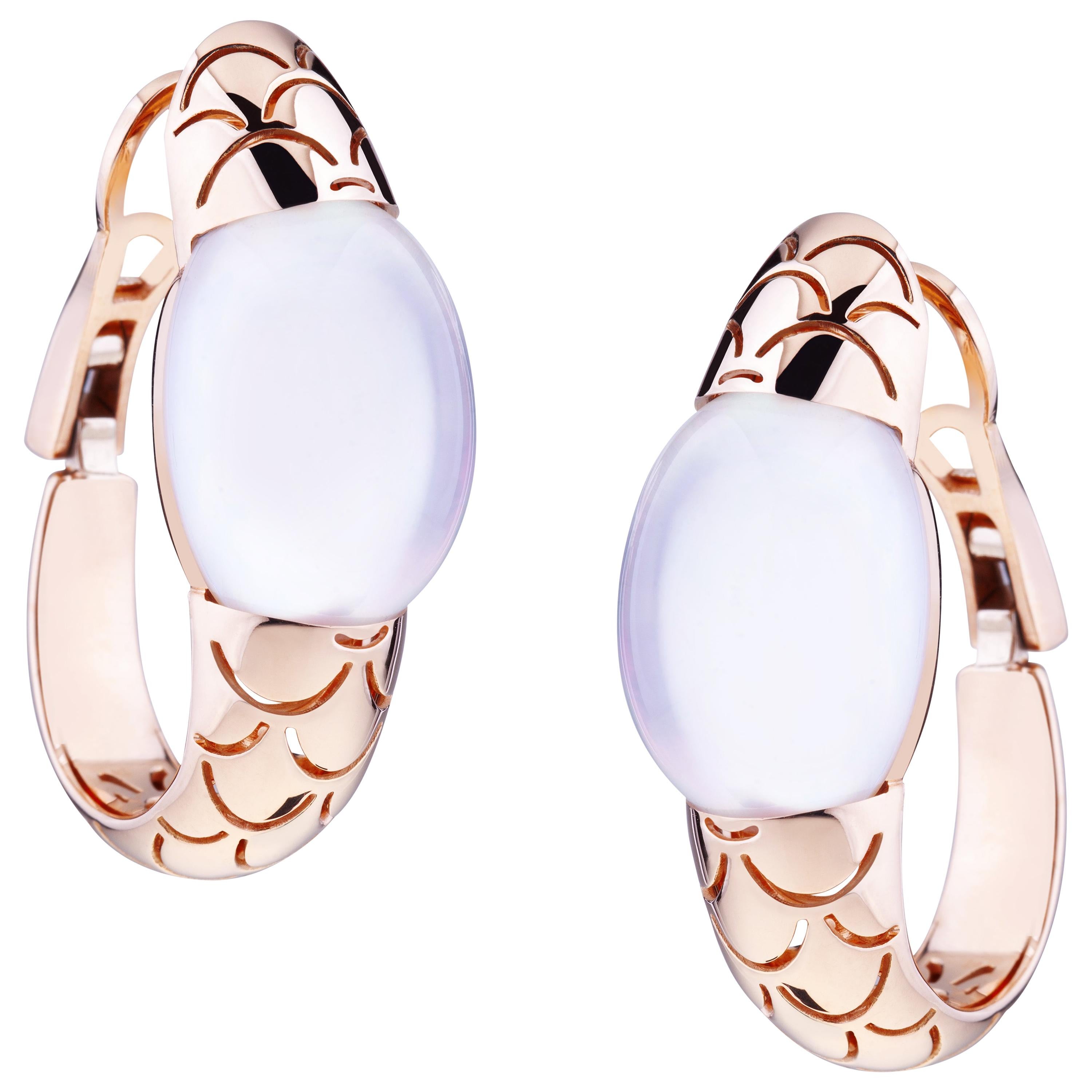 Embrace Rose Gold with Cabochon Mother Pearl Hoop Earrings For Sale