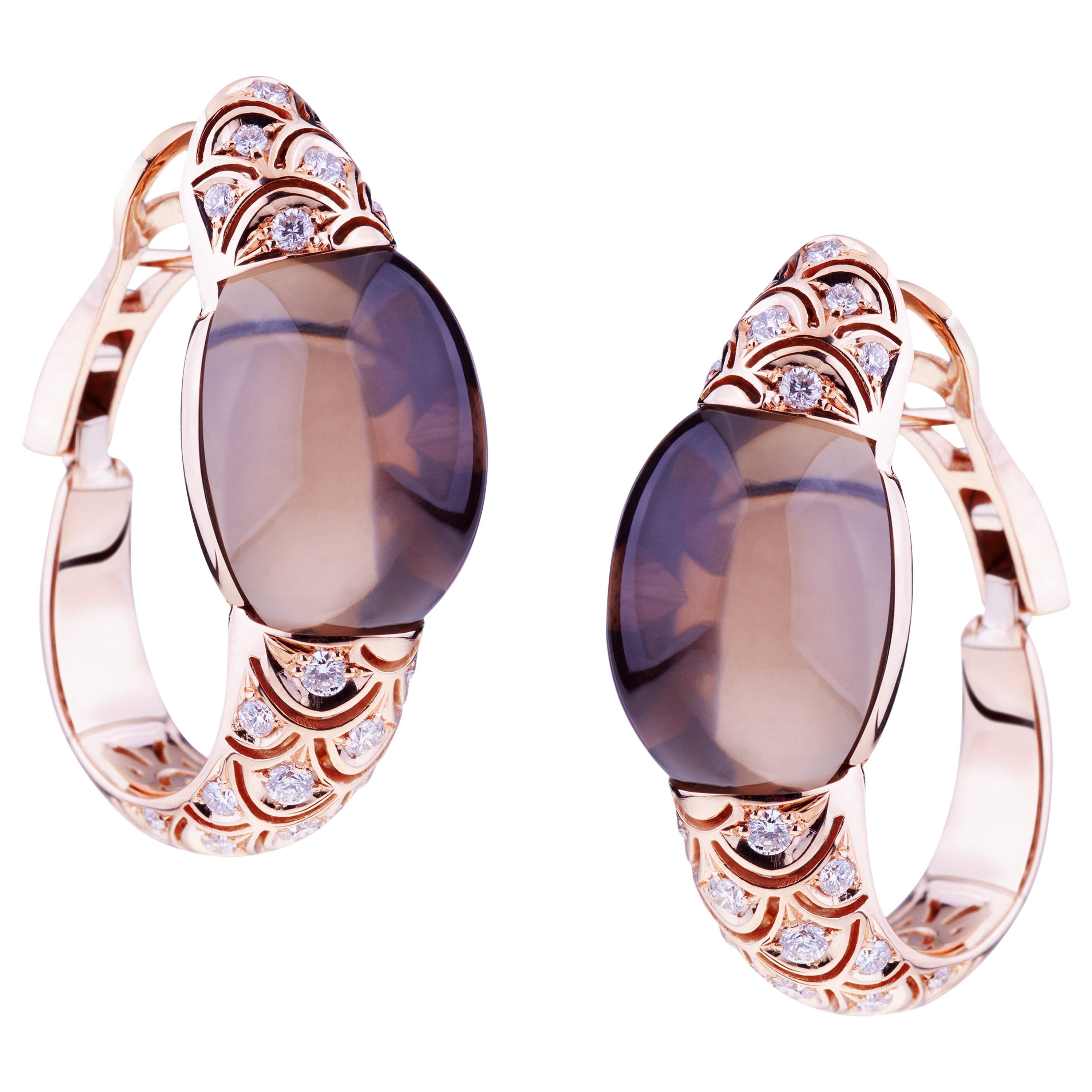 Embrace Rose Gold with Diamond and Cabochon Smoky Quarz Hoop Earrings For Sale