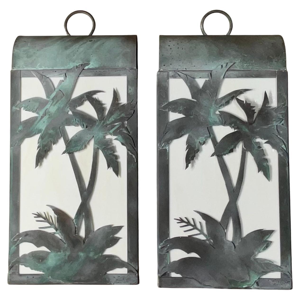 Embrace Tropical Elegance with this Handcrafted Solid Copper Palm Tree Lanterns For Sale