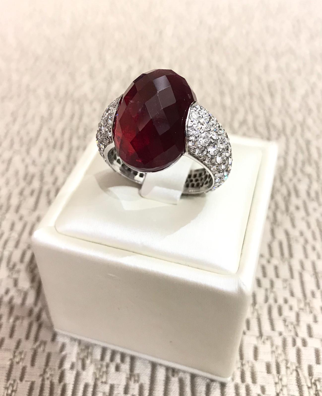 Modern Embrace White Gold Ring with Rubellite Faceted and Diamonds Full Pave For Sale