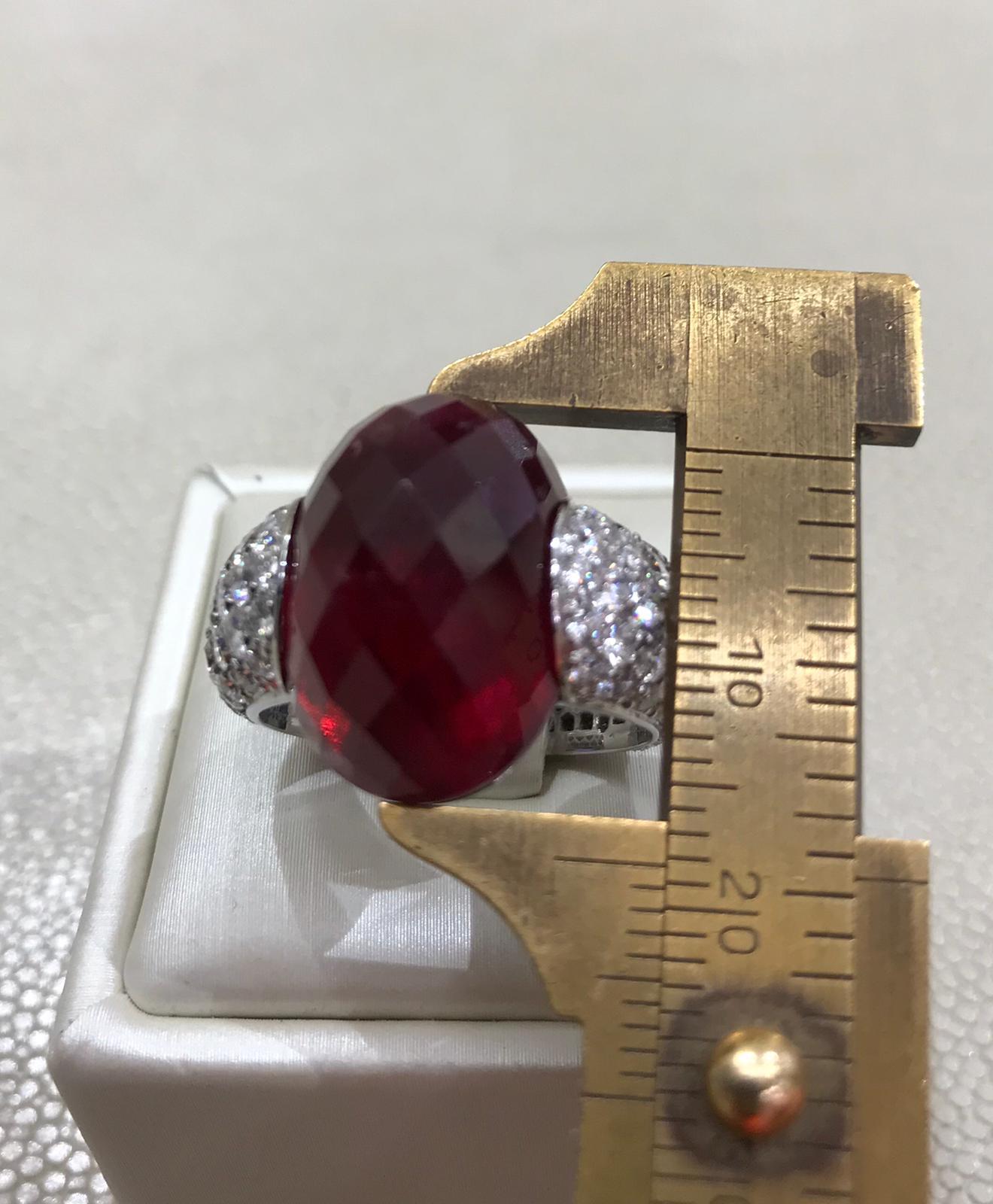 Briolette Cut Embrace White Gold Ring with Rubellite Faceted and Diamonds Full Pave For Sale