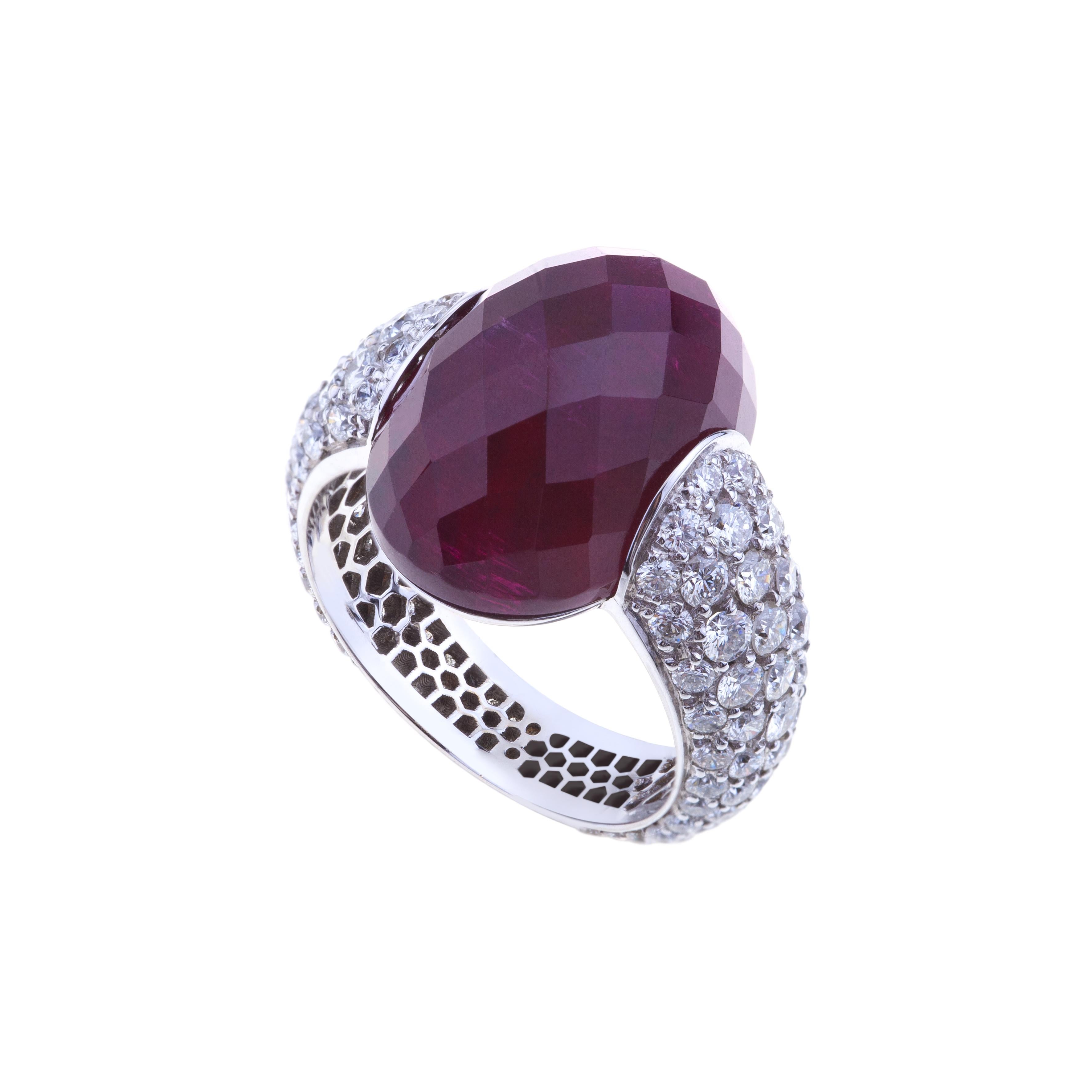 Women's Embrace White Gold Ring with Rubellite Faceted and Diamonds Full Pave For Sale
