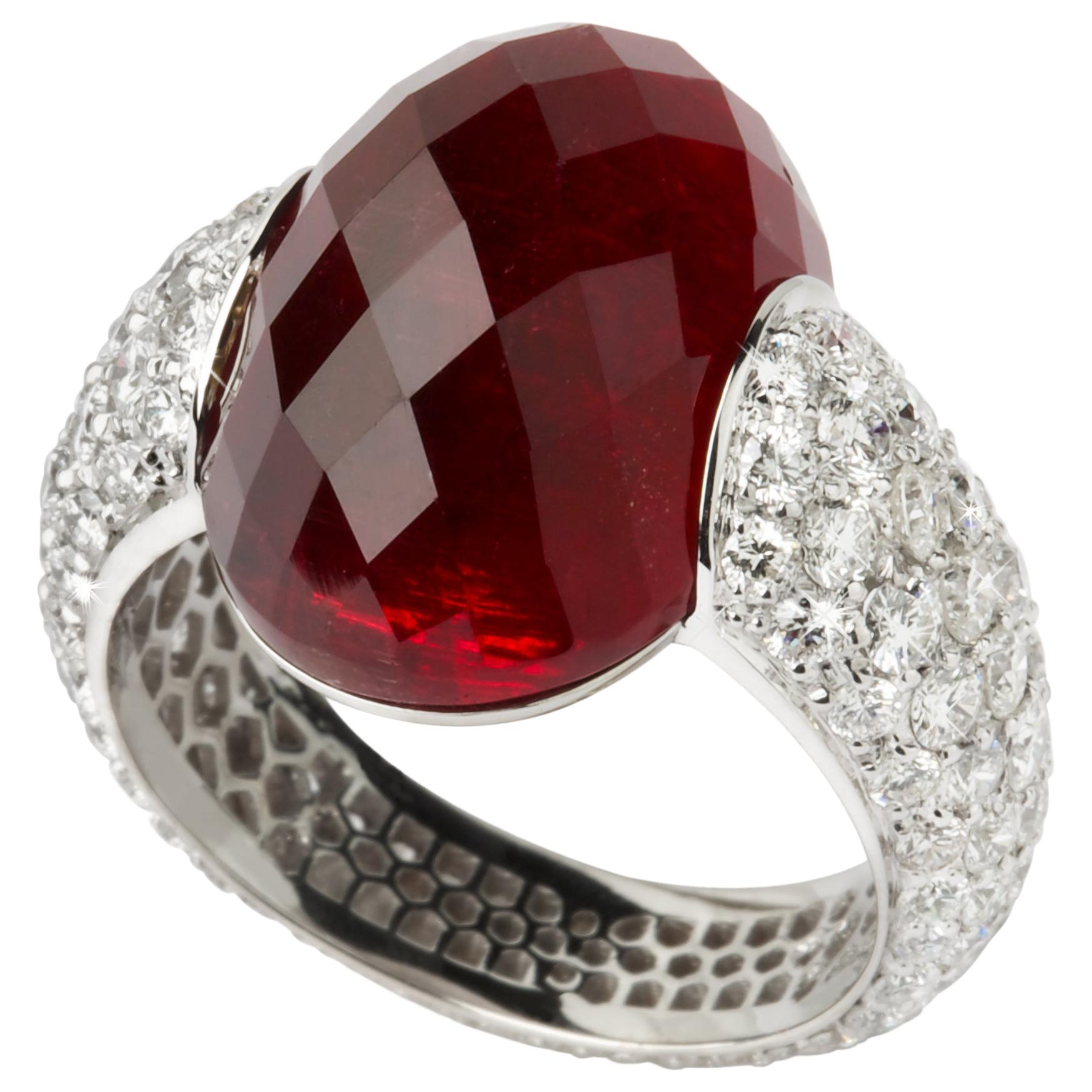 Embrace White Gold Ring with Rubellite Faceted and Diamonds Full Pave For Sale