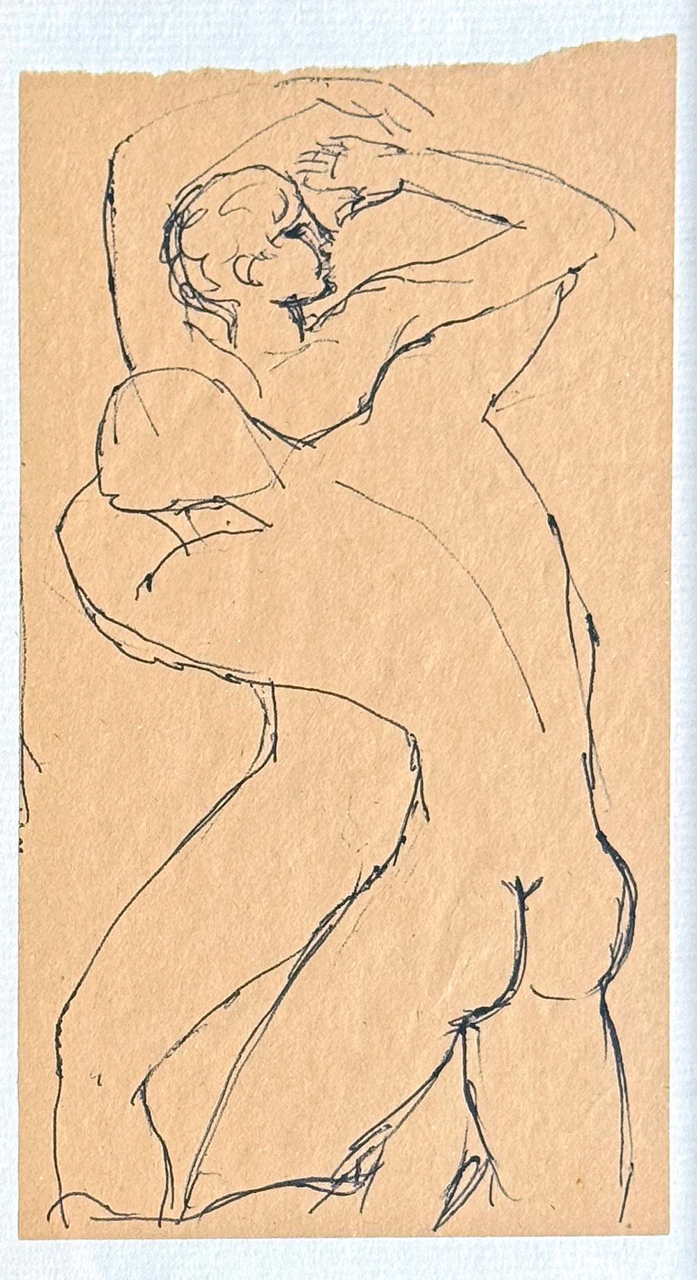 Diese sehr sparsam und doch sehr sinnlich gezeichnete Darstellung zweier nackter männlicher Figuren in enger Umarmung stammt von Jacques Azéma, dem französischen Künstler, der den größten Teil seines künstlerischen Lebens in Marokko verbracht hat. 