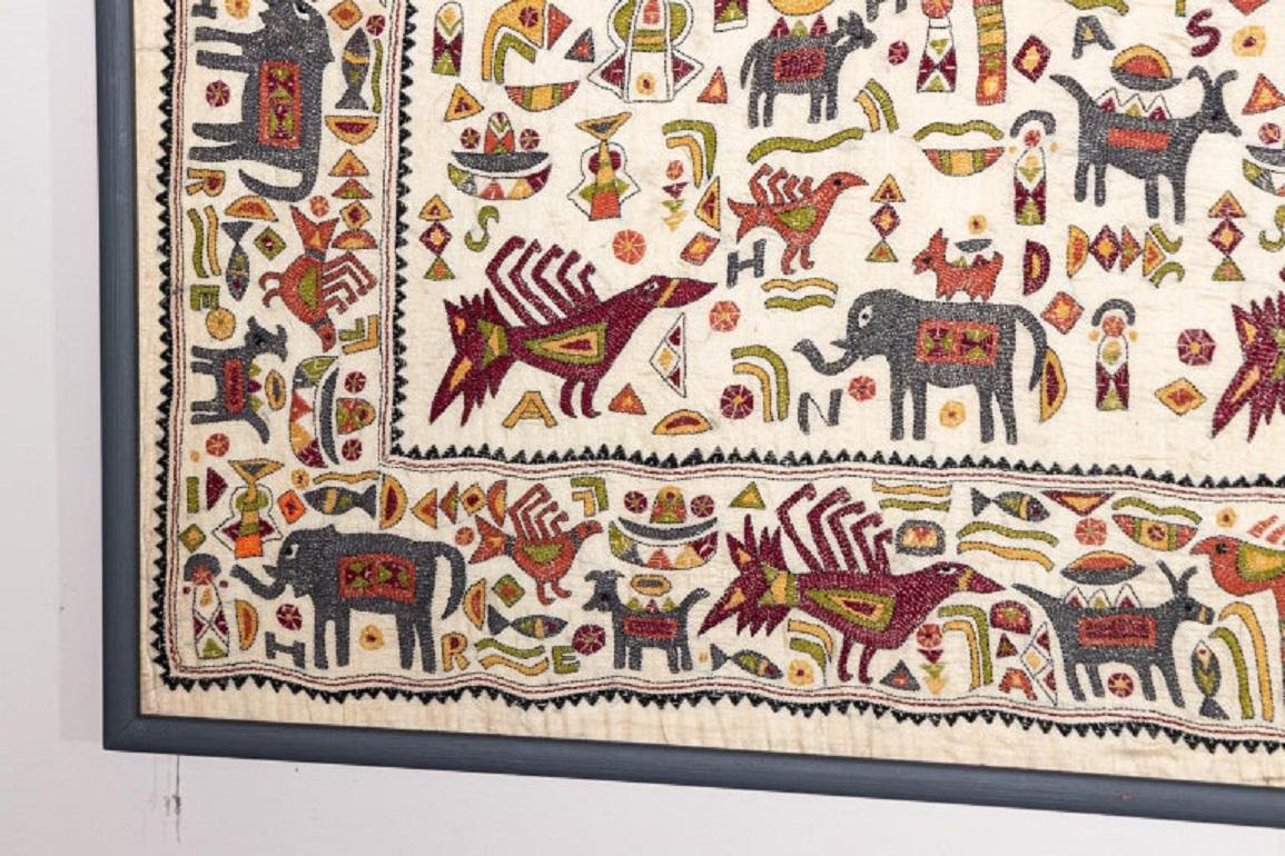Vintage Mounted African Cloth with Embroidered Animals In Good Condition In South Salem, NY