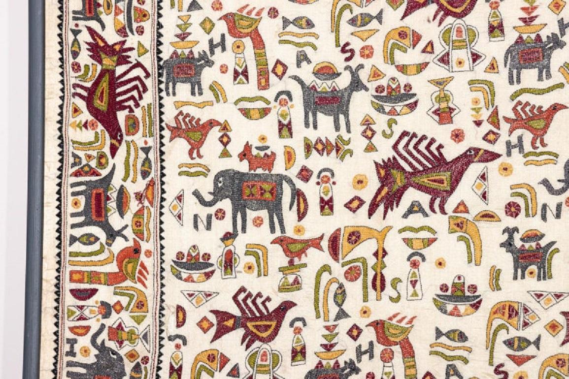 20th Century Vintage Mounted African Cloth with Embroidered Animals