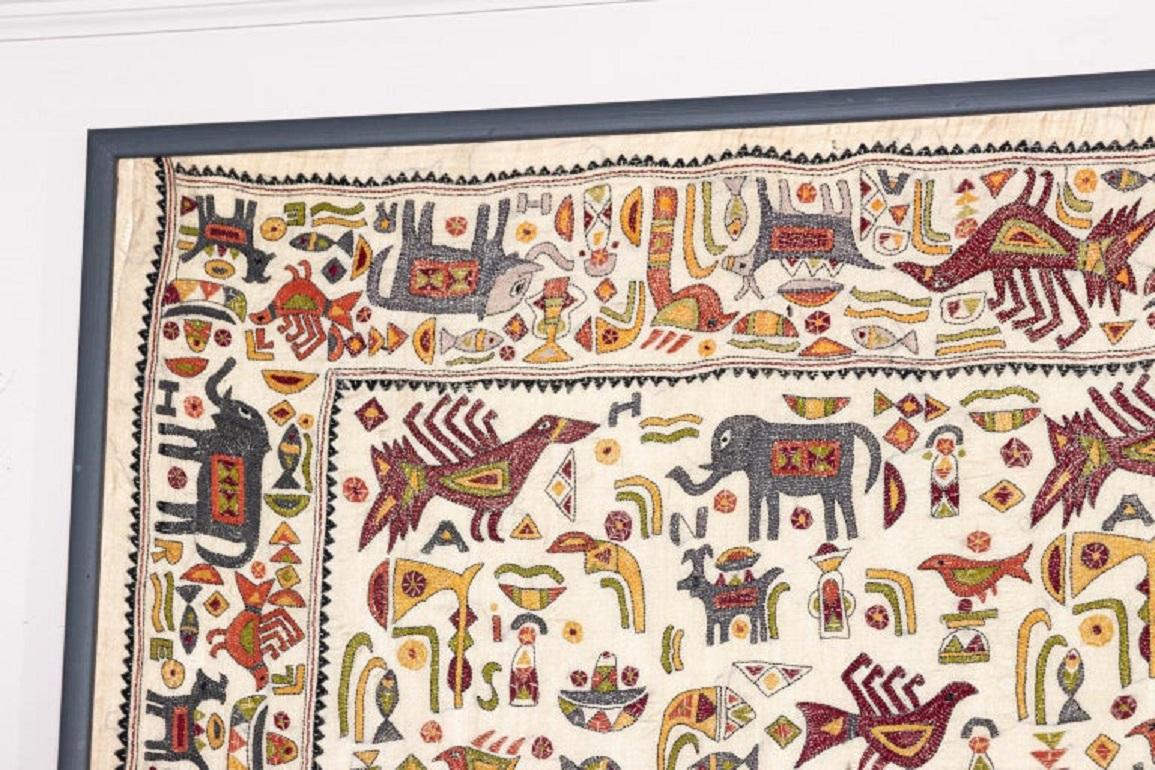 Fabric Vintage Mounted African Cloth with Embroidered Animals