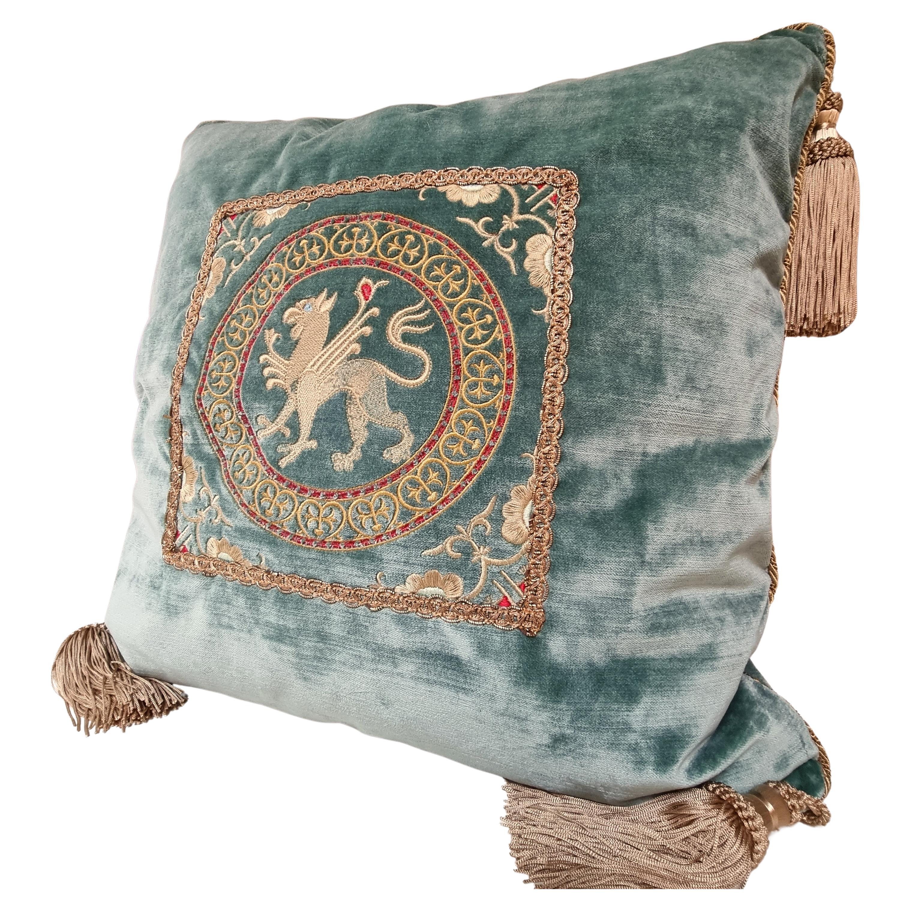 Italian Embroidered Aqua Velvet Throw Pillow with Tassels For Sale