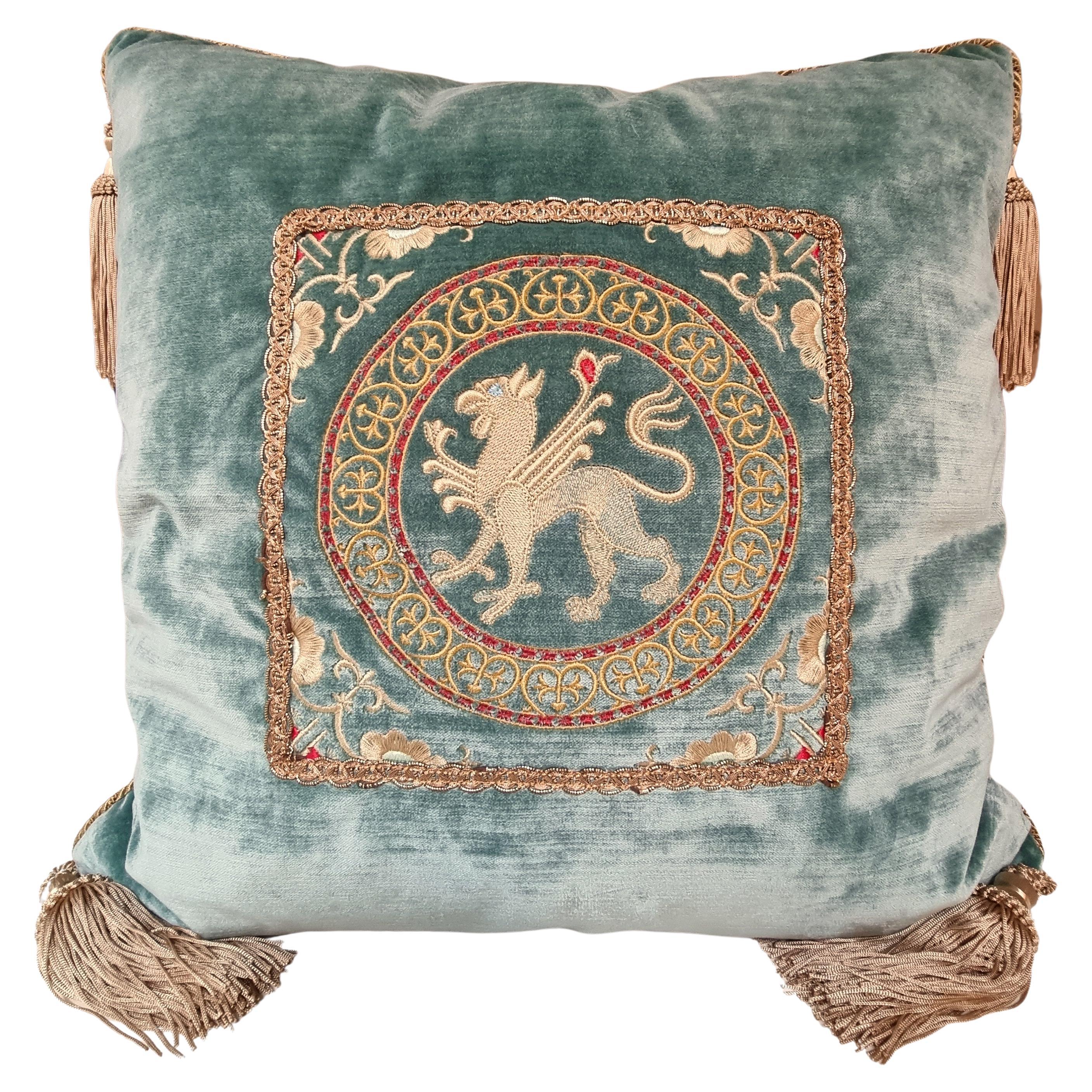 Embroidered Aqua Velvet Throw Pillow with Tassels For Sale