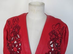Embroidered Beaded Red Leather Bolero Jacket