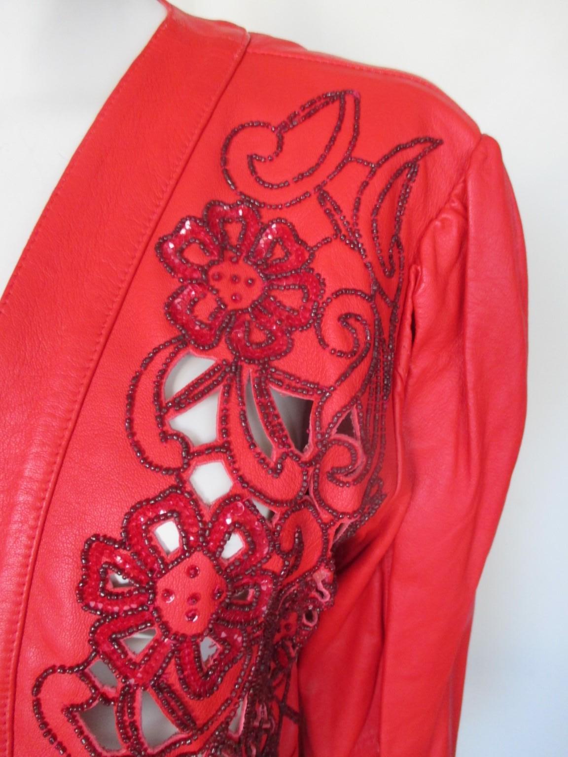 Embroidered Beaded Red Leather Bolero Jacket In Good Condition For Sale In Amsterdam, NL