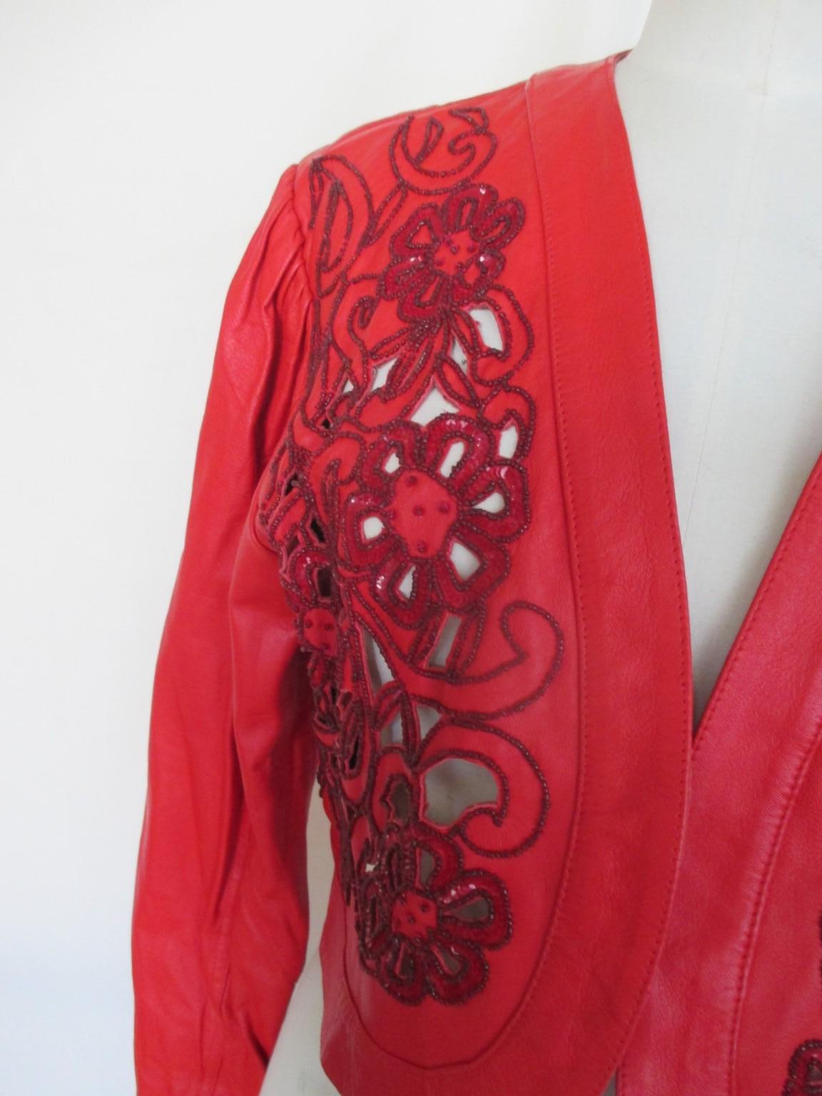Women's or Men's Embroidered Beaded Red Leather Bolero Jacket For Sale