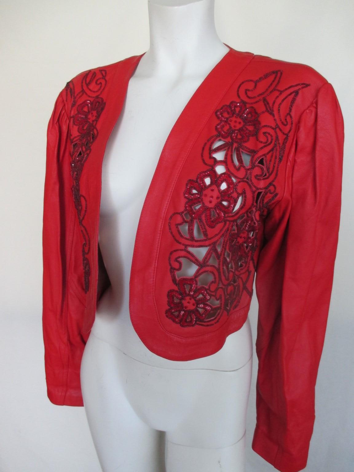 Embroidered Beaded Red Leather Bolero Jacket For Sale 2