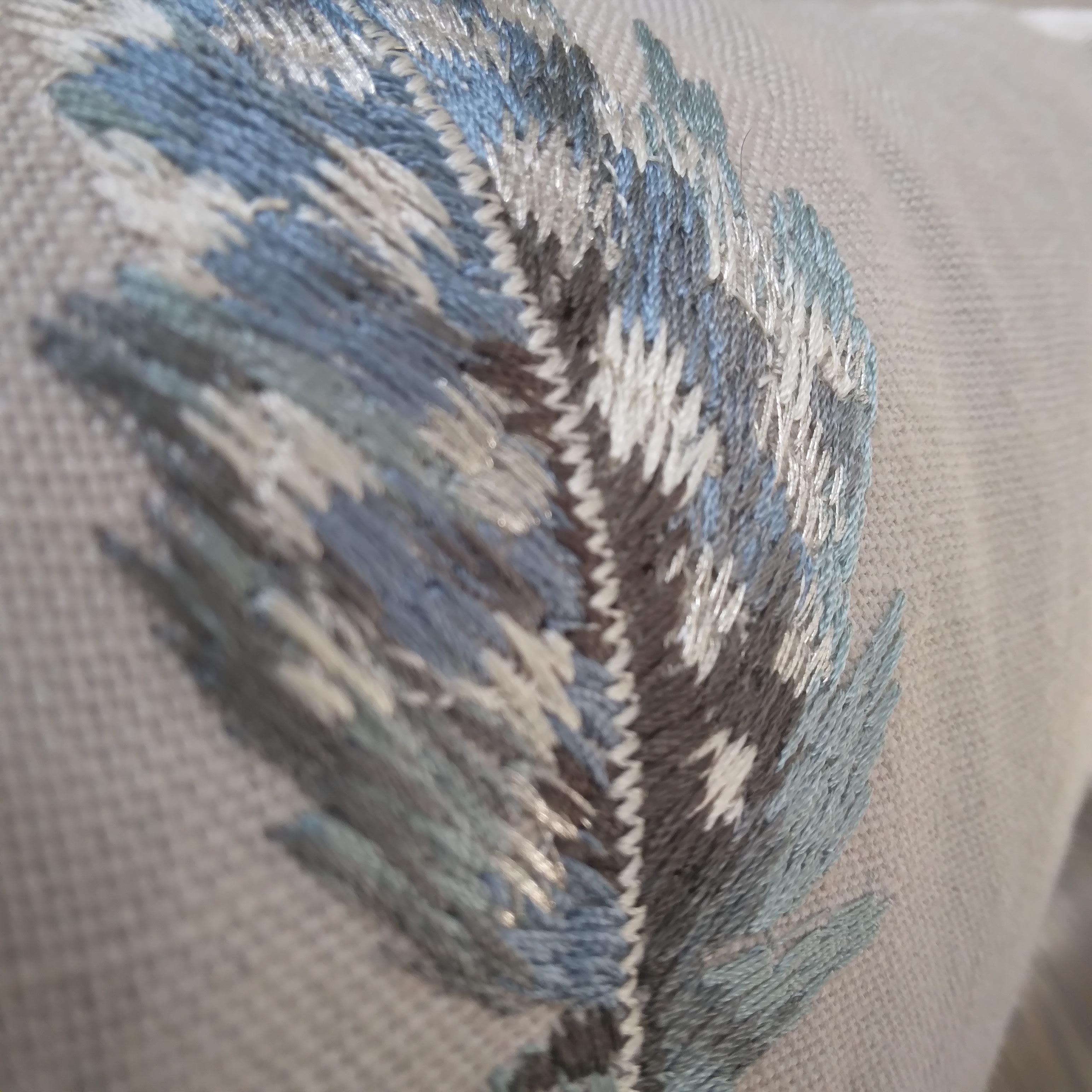 French Provincial Embroidered Bird Feather Throw Pillows in Pastel Pink and Blue For Sale