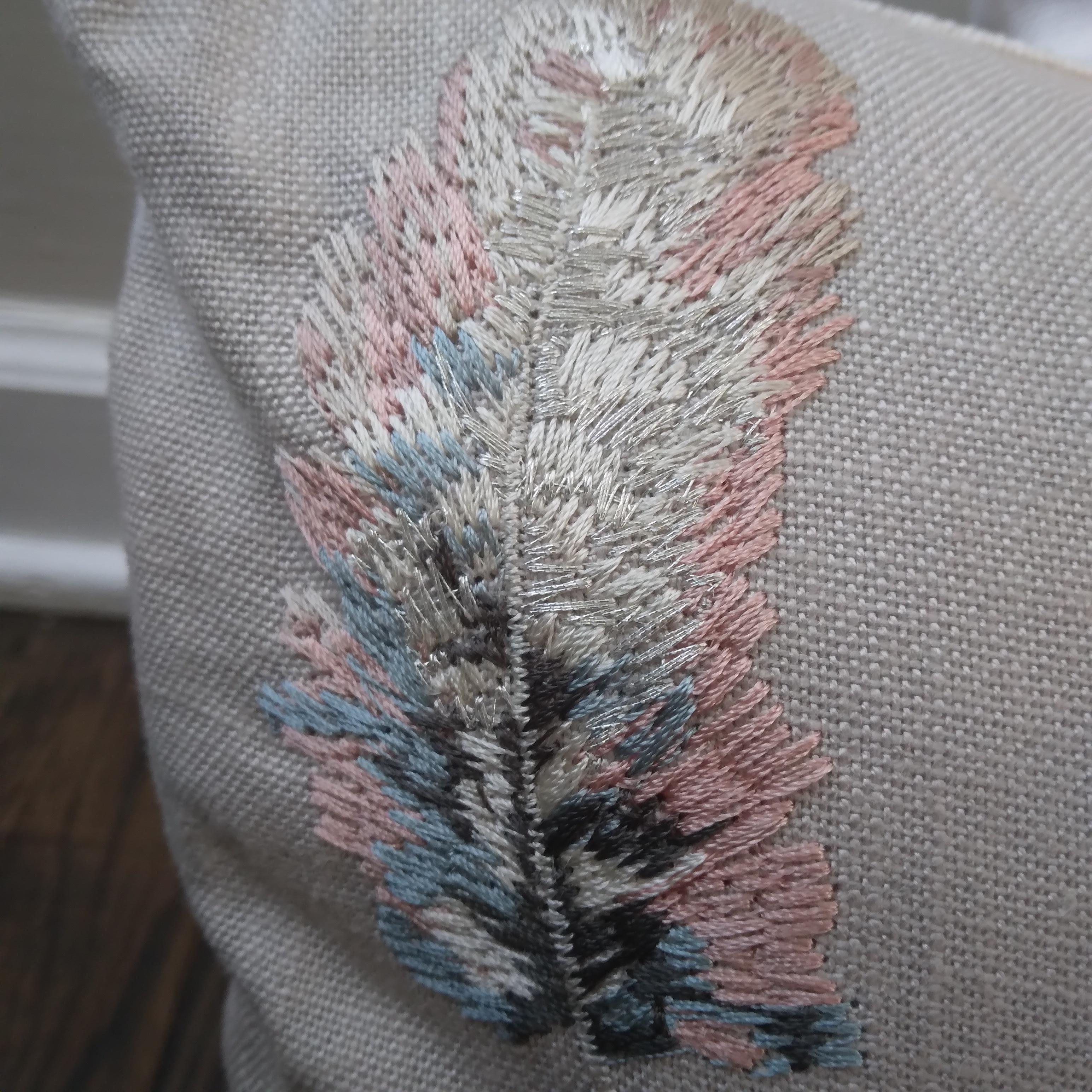 Embroidered Bird Feather Throw Pillows in Pastel Pink and Blue In New Condition For Sale In Munster, IN