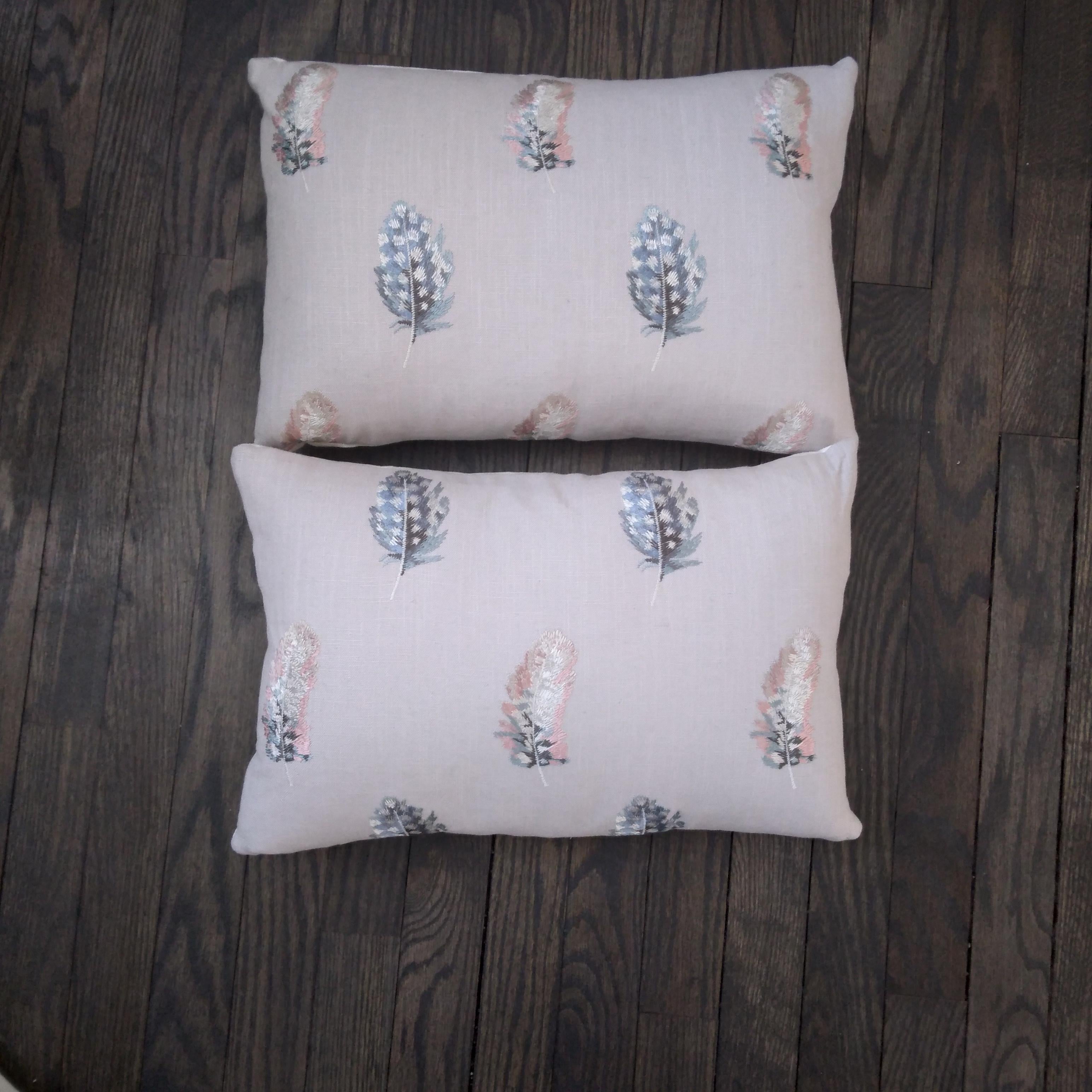 Down Embroidered Bird Feather Throw Pillows in Pastel Pink and Blue For Sale