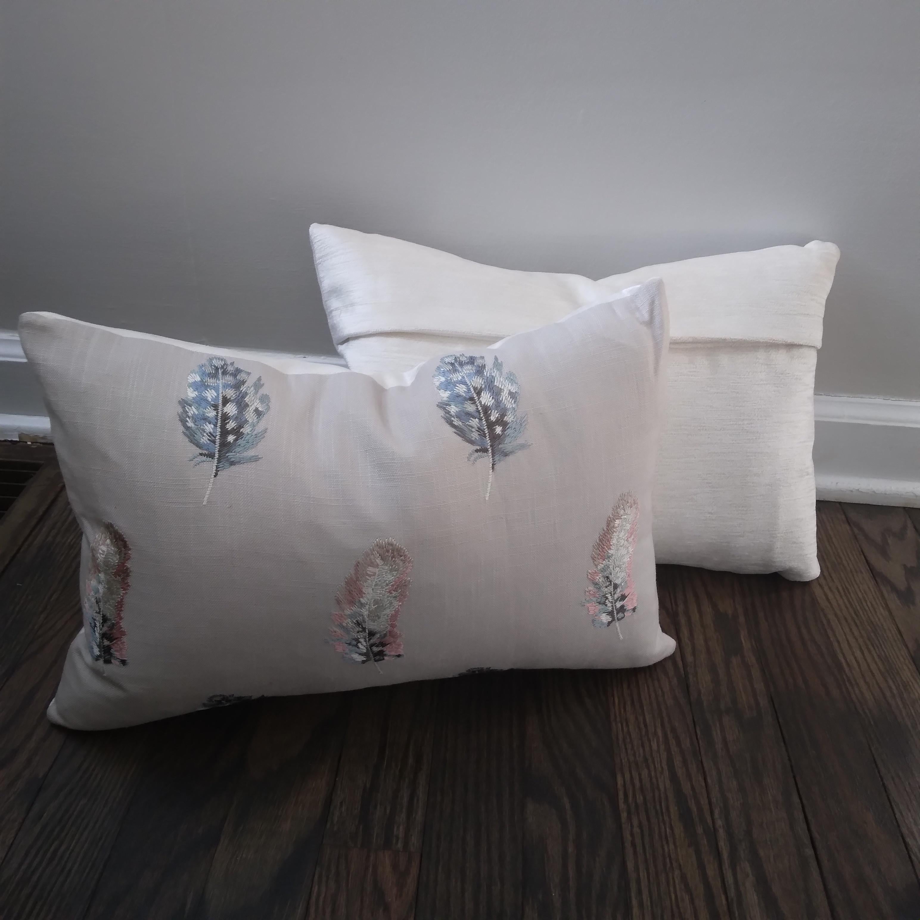 Embroidered Bird Feather Throw Pillows in Pastel Pink and Blue For Sale 1